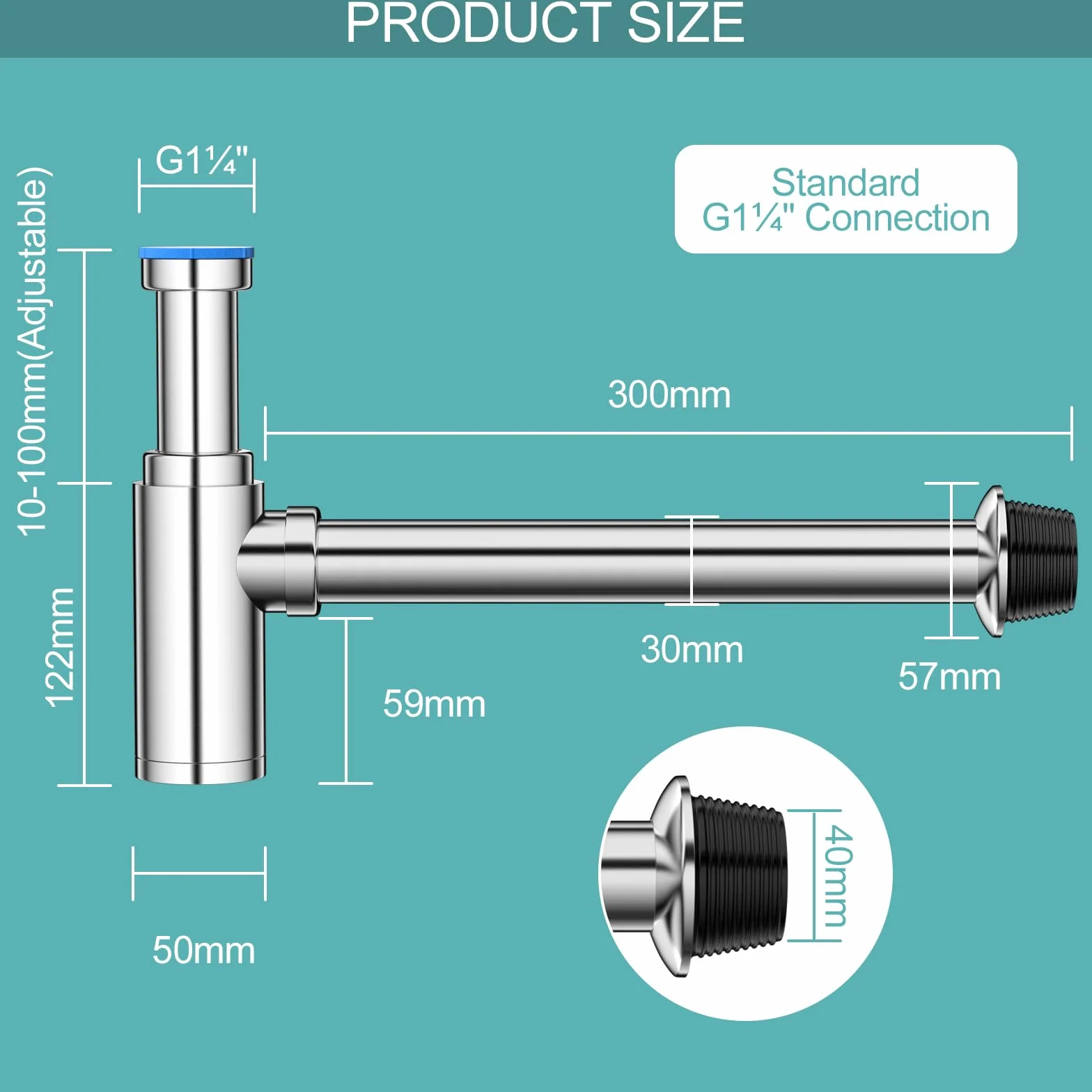 Sifón Universal para Lavabo 1 1/4" Cromado con Apertura de Limpieza Altura Ajustable
