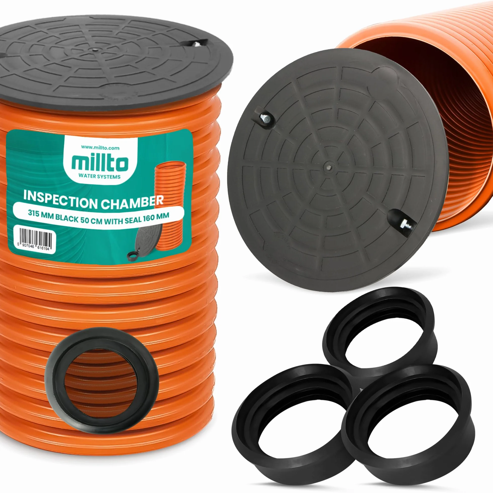 Tubo Ascendente Pozo Inspección 50 cm DN315 Negro Tapa 3x Junta 160 mm Mantenimiento Alcantarillado Resistente Compacto Duradero Fácil Limpieza Presión Subterráneo
