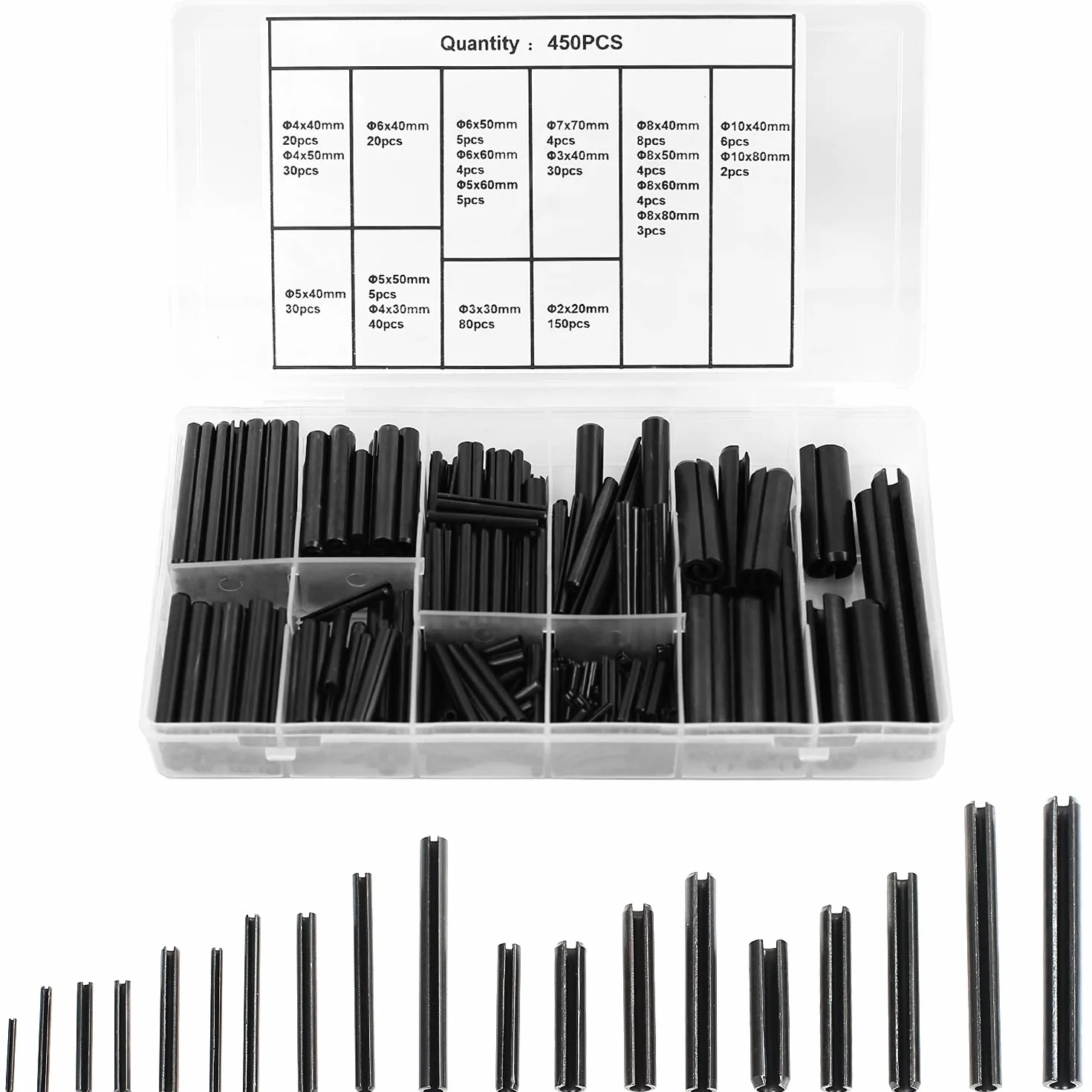 Juego de 450 Pasadores de Muelle Huecos, de Acero Inoxidable, Pasadores de Sujeción, Caja Surtida, Accesorios de Metal (Negro, 2,0 – 10 mm)