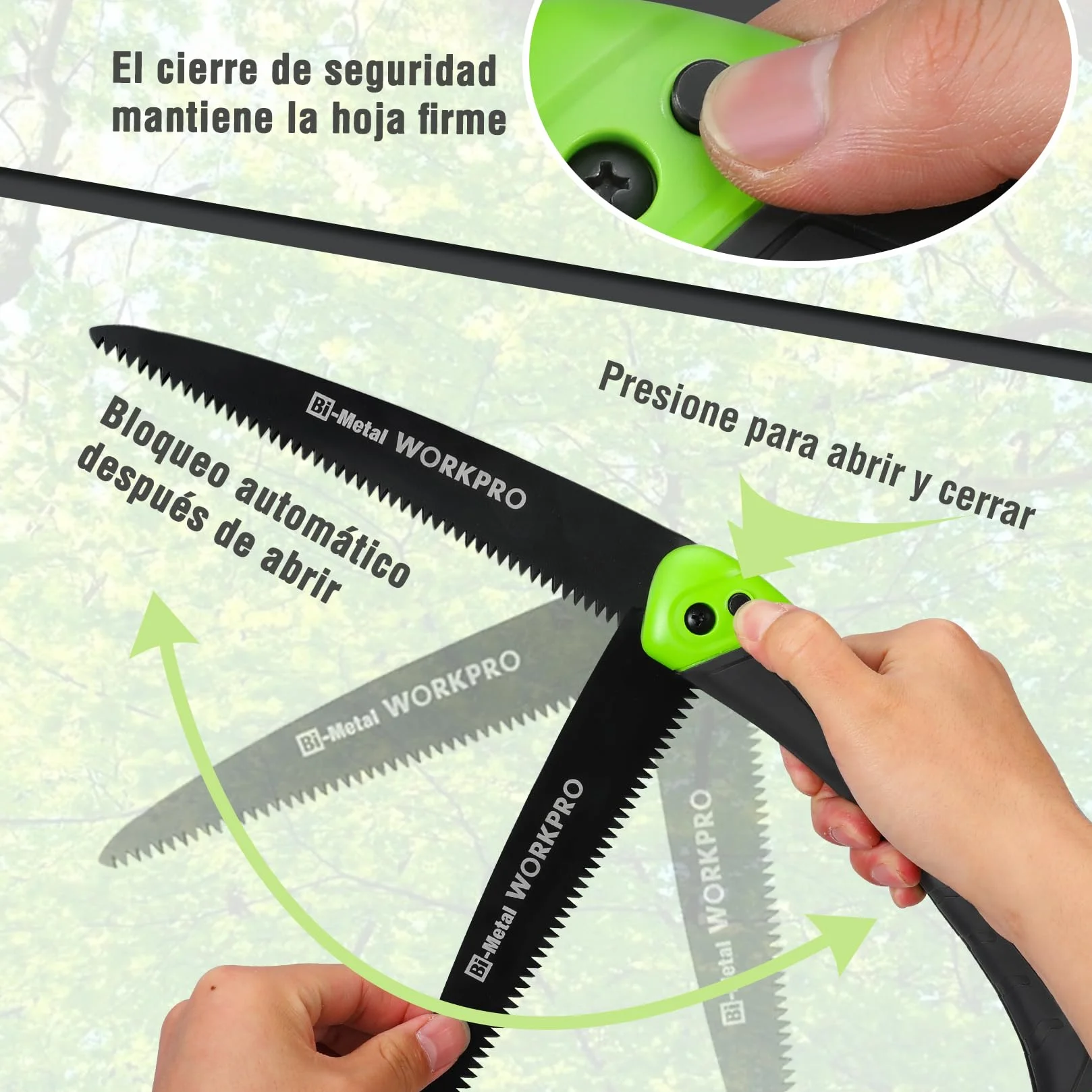 WORKPRO Sierra de Podar, Sierra Plegable, Serrucho de Poda con Bloqueo Seguro, Hoja de Sierra Bi-material D6A y M2, Sierra Plegable de Agarre Suave para Madera, Jardinería