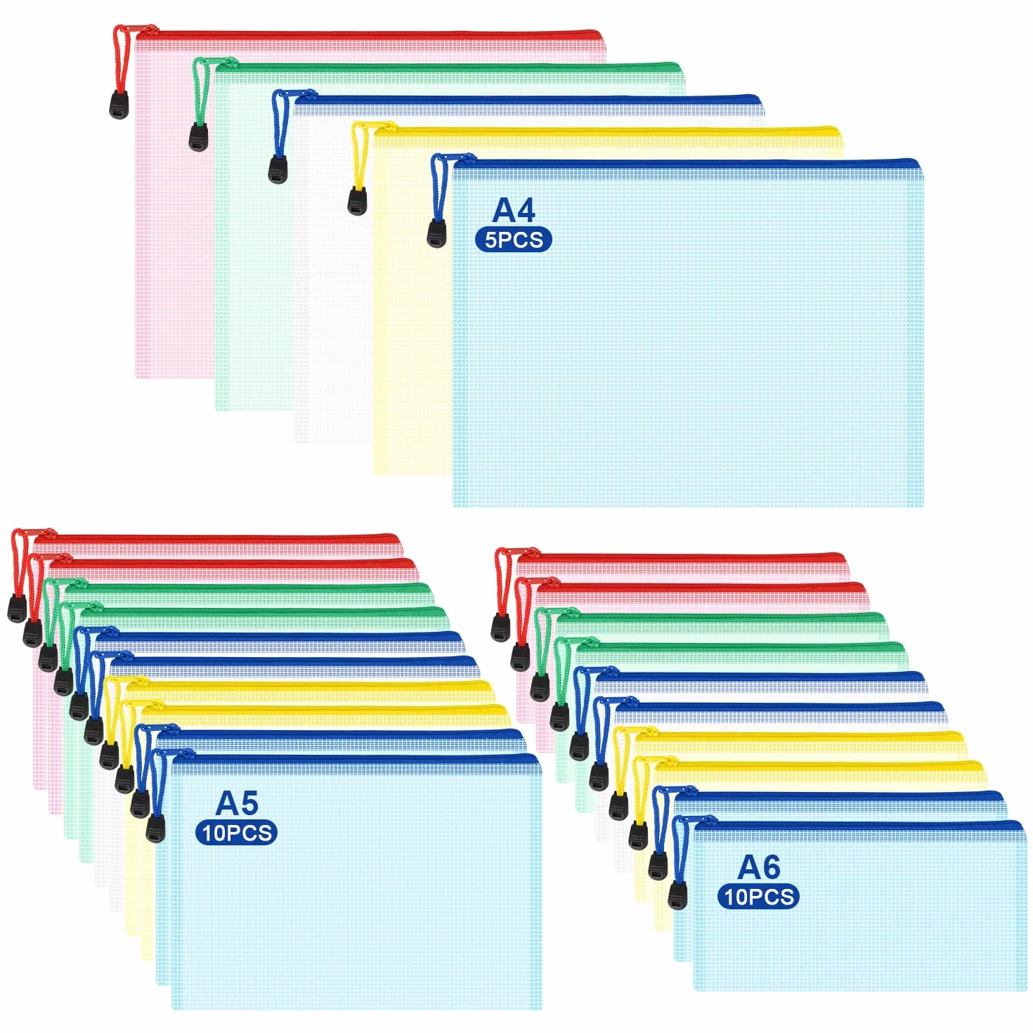 25 Piezas Bolsas de Documentos A4+A5+A6, Bolsas para Puzzles, Bolsa de Archivo de Cremallera Impermeable, Carpetas para Archivo de Plástico con Malla, Para Documentos, Cosméticos y Accesorios de Viaje