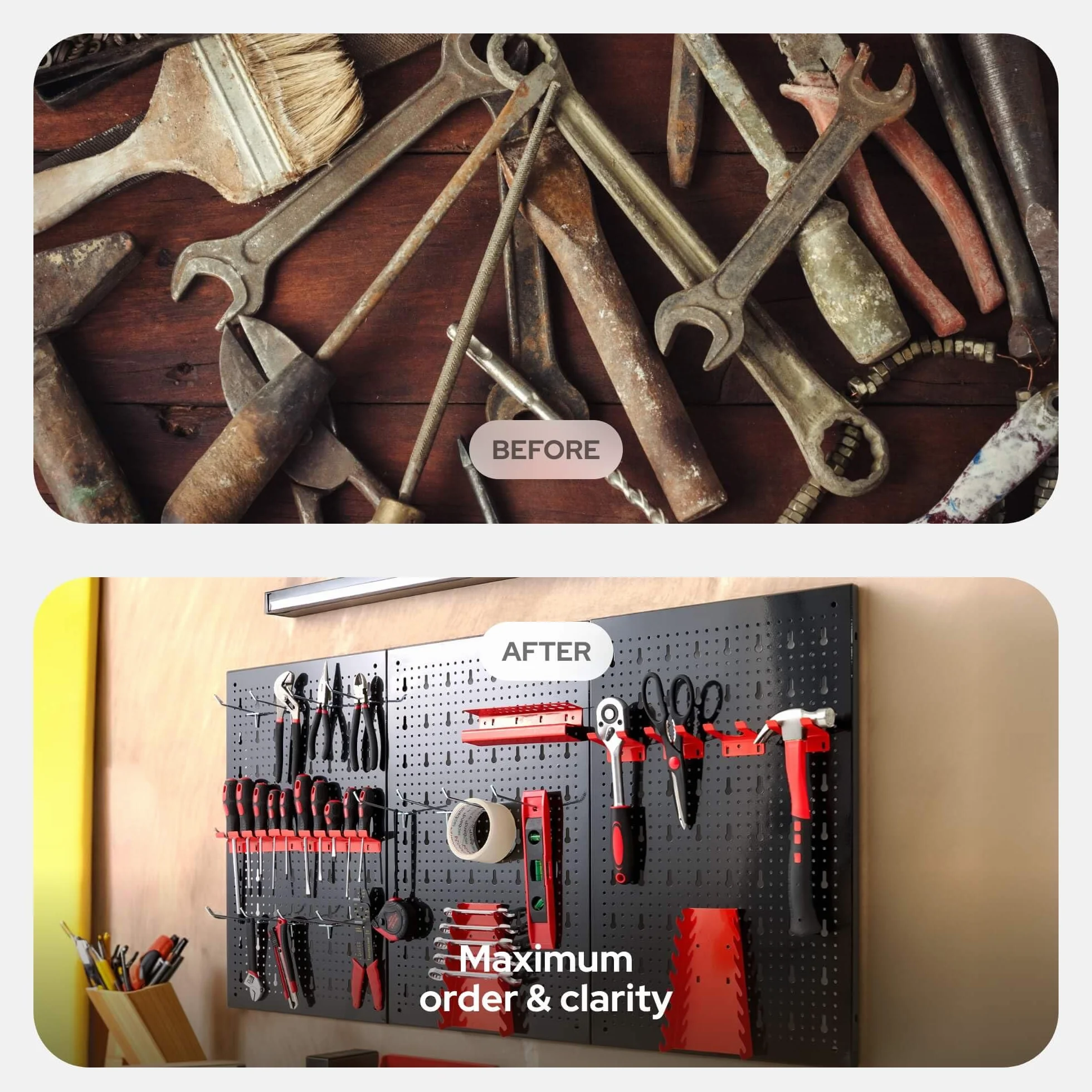 Arebos Panel Portaherramientas de 17 piezas | 117,6 x 59,5 x 2cm | Juego de ganchos y soportes | Pared de herramientas de metal perforado para equipamiento de taller incl. material de montaje | Rojo