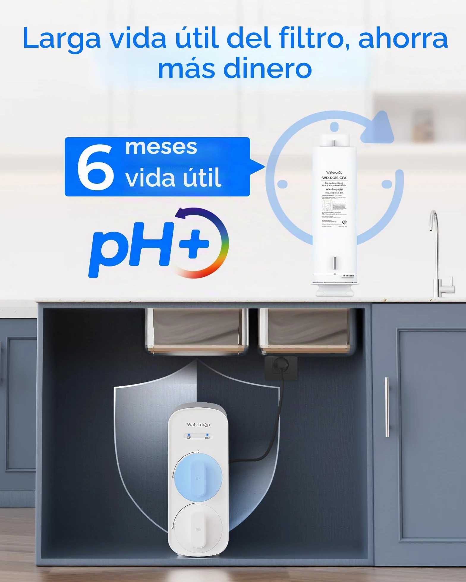 Waterdrop WD-G5P500A-CF Filtro, Repuesto para el Sistema de Ósmosis Inversa Bajo Fregadero WD-G5P500A, 6 Meses de Vida Útil