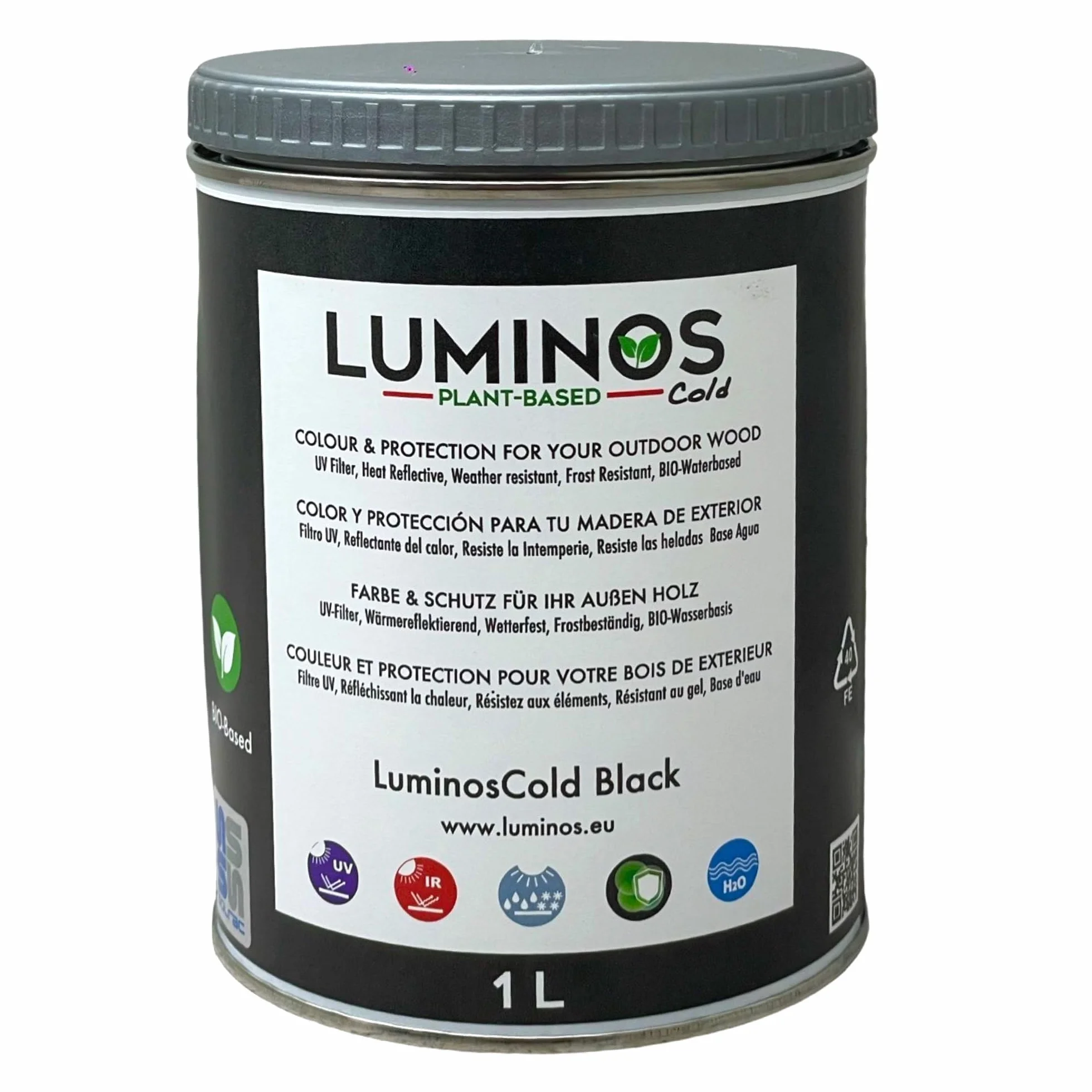 Luminos Cold - LUM1150 - BLACK - Lasur al Agua basado en Biopolimeros. Protector Para Madera Exterior Reflectante IR - Negro 1L