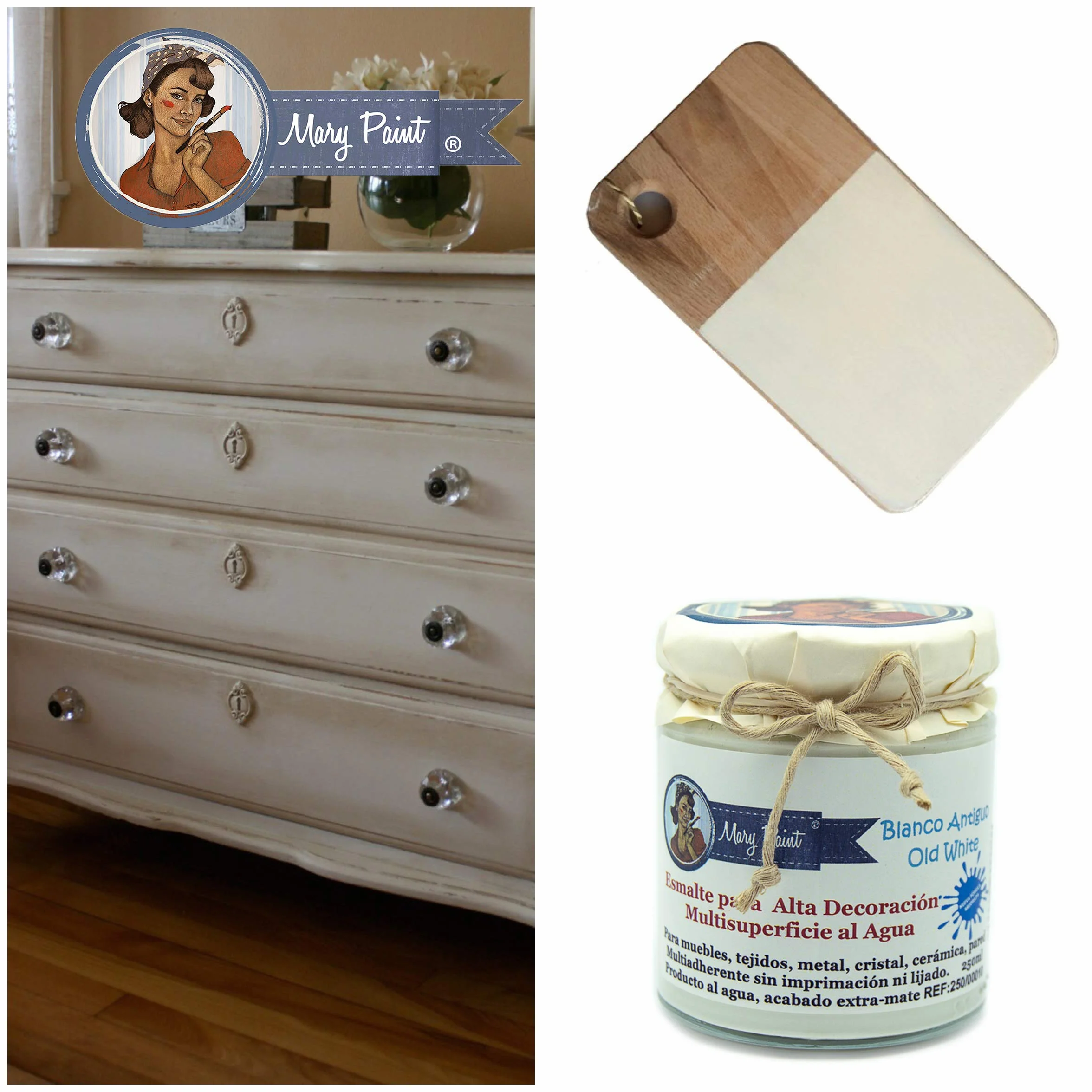 Mary Paint Pintura para Muebles Efecto Chalk Paint,multisuperficie, mate, Blanco Puro - 750ml resistente al desgaste muebles, piel, nautica,cocinas, marmol (Blanco Antiguo, 750 ml)