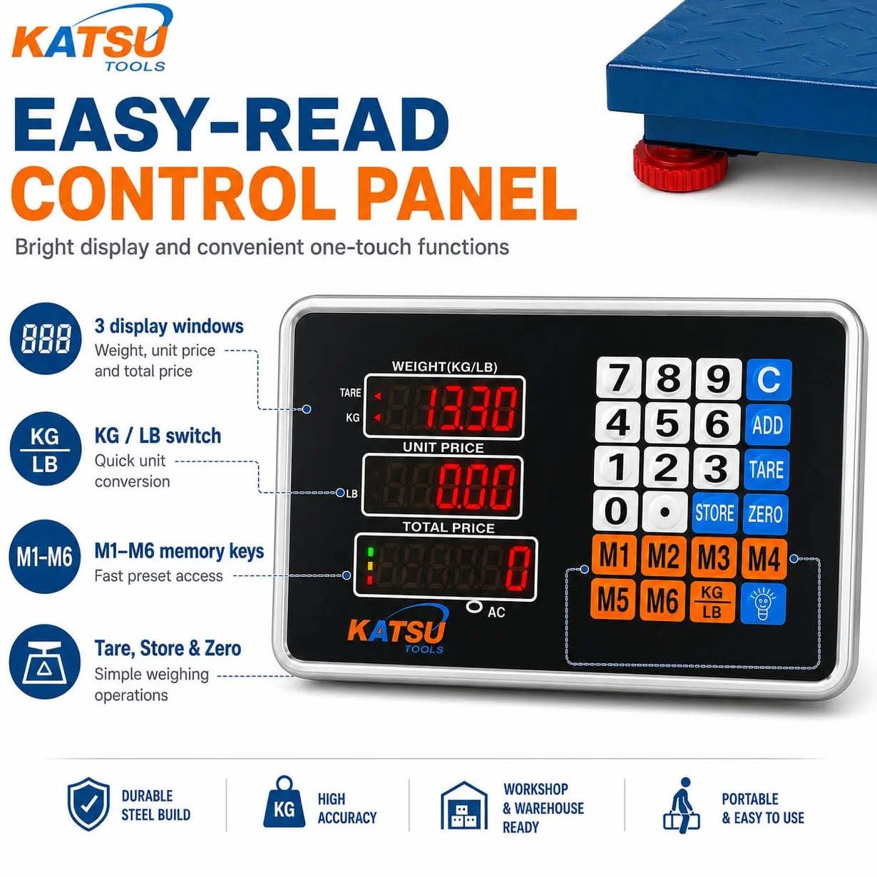 KATSU Balanza Industrial de Plataforma 100kg 10g Electrónica Recargable Báscula Postal Digital LED 32x42cm Plataforma Acero Inoxidable