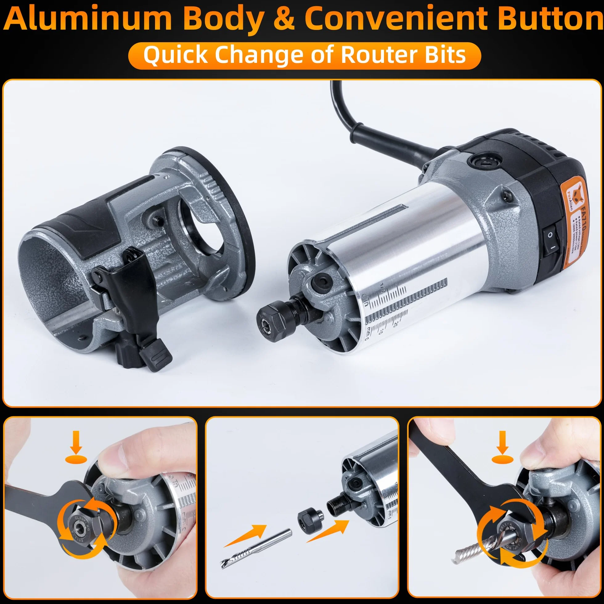 FoxAlien 1 HP 710 W 65 mm de diámetro compacto router de palma para fresadora CNC, 6 velocidades variables Max 30000 R/MIN recortadora de madera con colección de 1/4 pulgadas