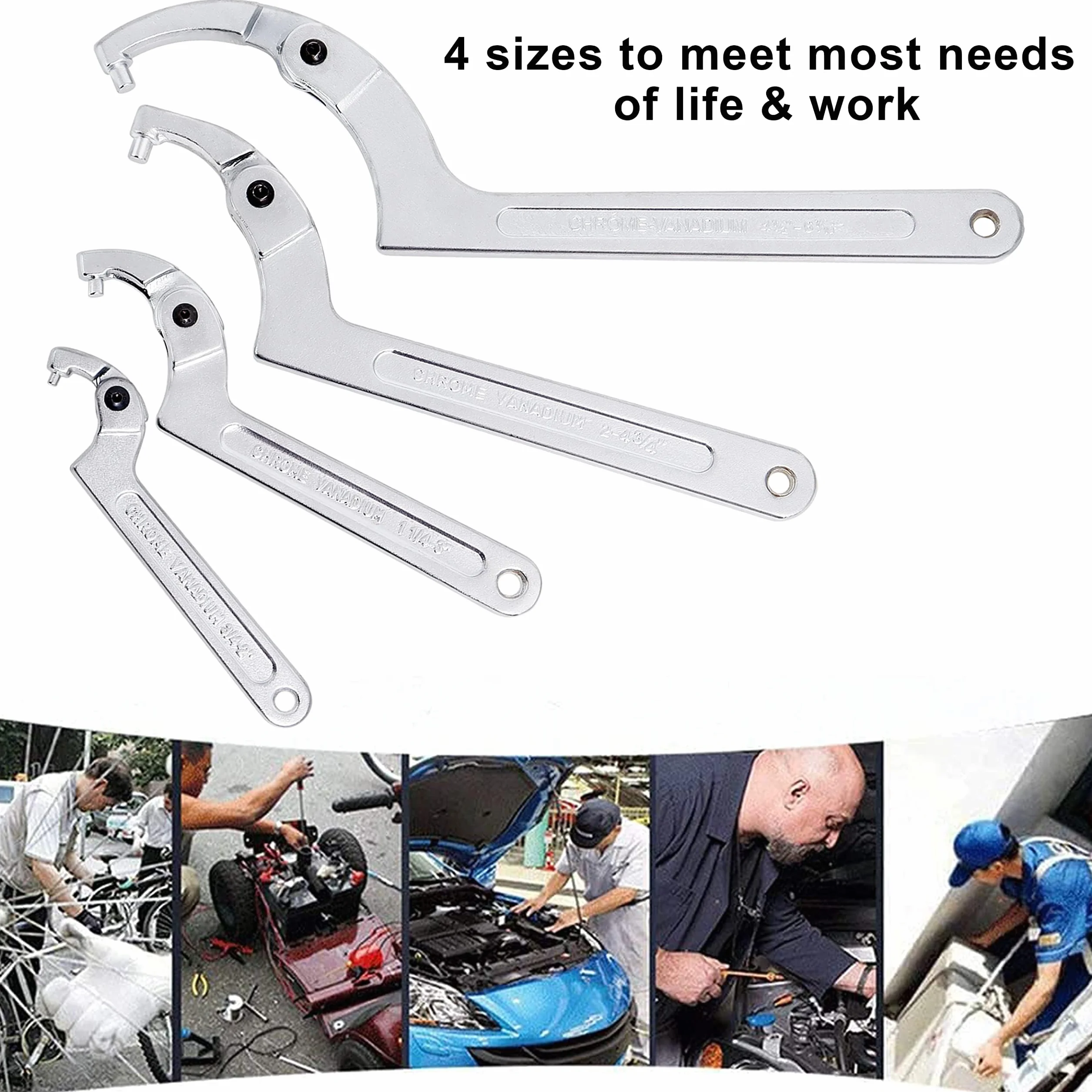 Poweka C Llave de Gancho Ajustable de 4 Piezas, Ilaves de Cabeza Redonda Incluye 3/4-2", 1 1/4-3", 2-4 3/4", 4 1/2-6 7/10" Para Apretar Equipos Mecánicos y Vehículos