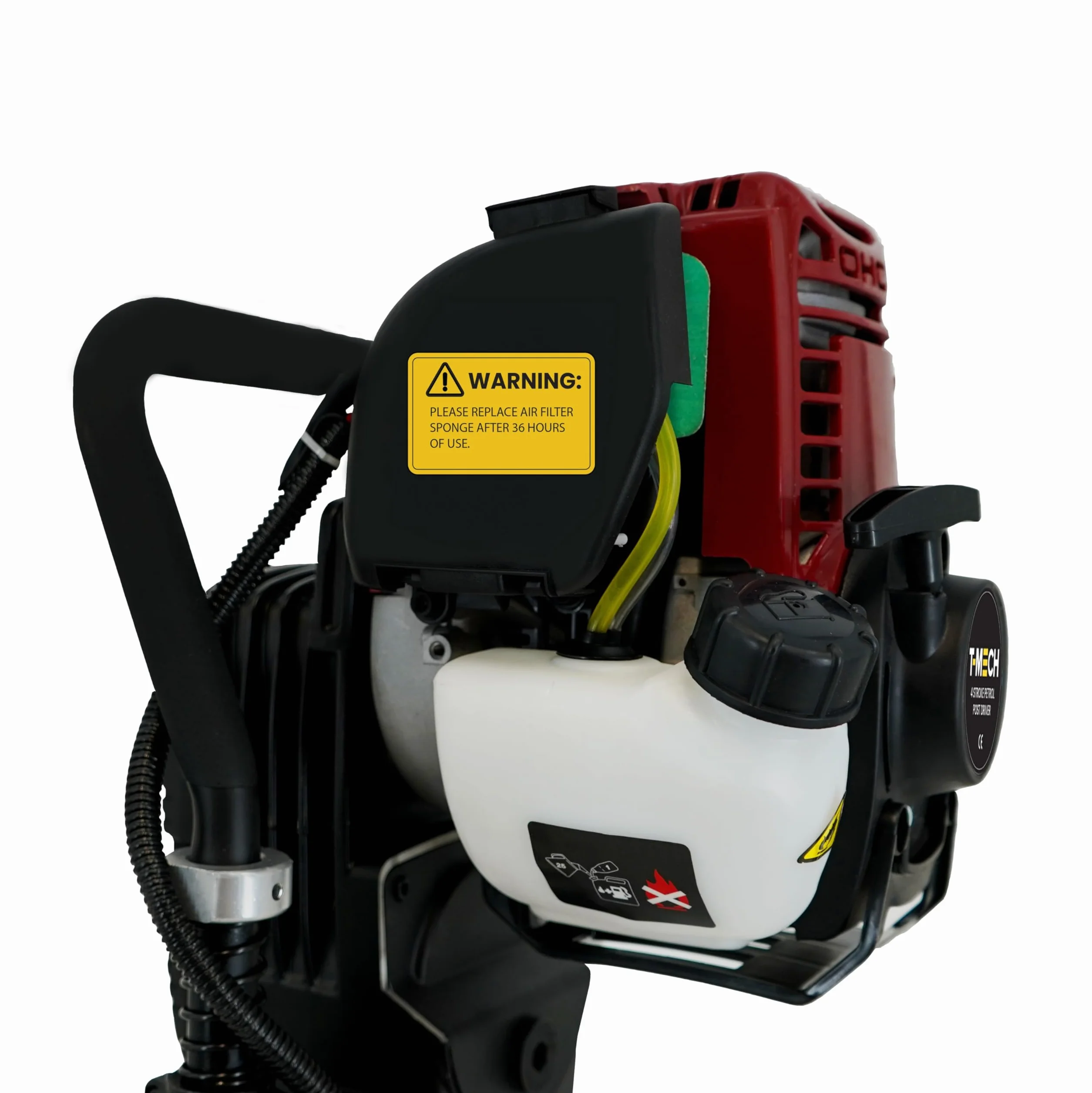 Clavador de poste de gasolina 4 tiempos T-Mech 900W 1,2HP 37,7cc | Fuerza de impacto 1350 rpm | 4 Accesorios 20-49mm, 50-69mm, 70-80mm, 100mm | Estuche con ruedas, Kit herramientas y grasa INCLUÍDOS