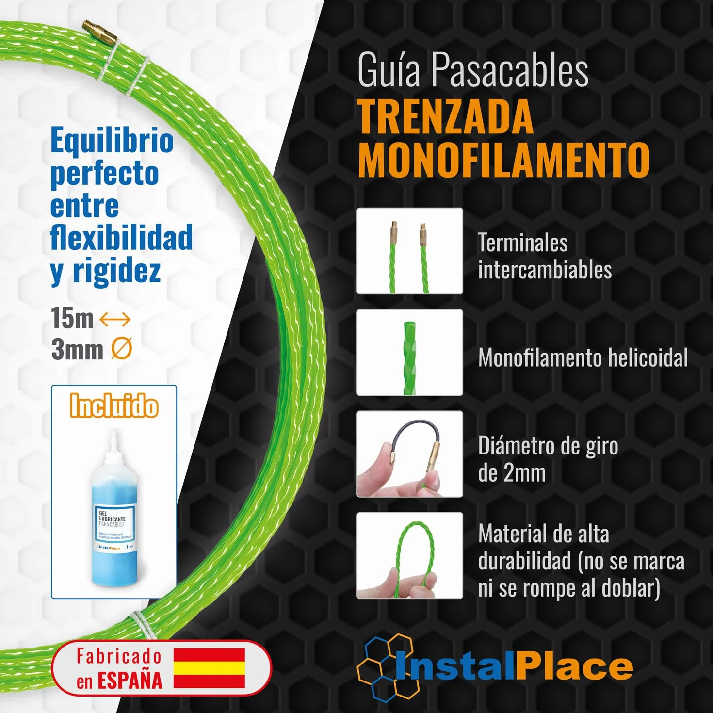 Pack Guía Pasacables Trenzada Monofilamento 15m Ø 3mm + Lubricante 1L, Alta Resistencia, Gran Alcance, Baja Fricción, Alta Flexibilidad