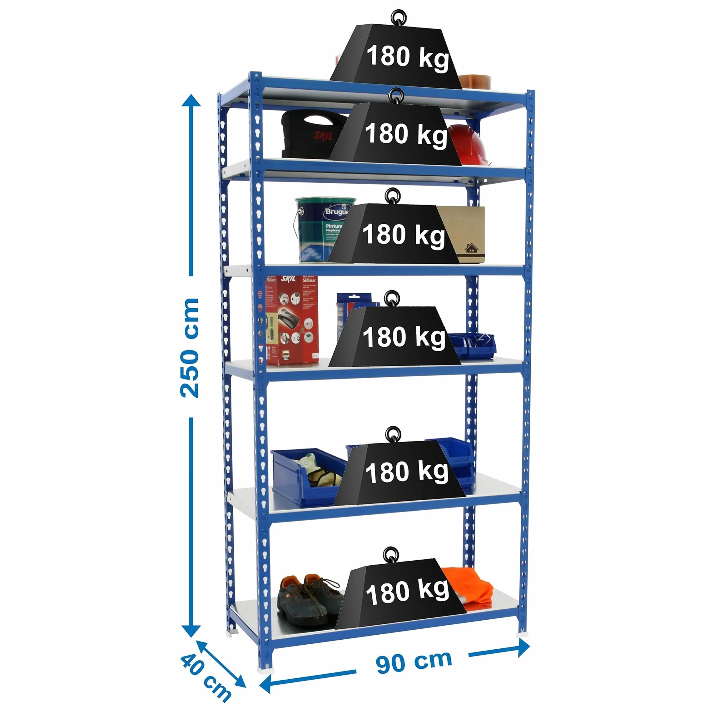 Simon Rack Estanterias Metalicas, 2500x900x400 mm, 6 Baldas de Metal, 180 kg de Punto Flexión, Estanterias Almacenaje, Azul/Galva - Simonclick