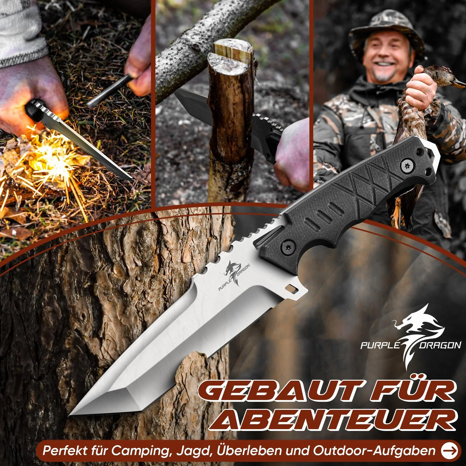 Cuchillo de Supervivencia Zircon Dragon para Exteriores - Con funda Kydex, hoja fija de acero D2, estilo Jungla de espiga completa y mango de G10. Ideal para camping y como regalo para hombres.