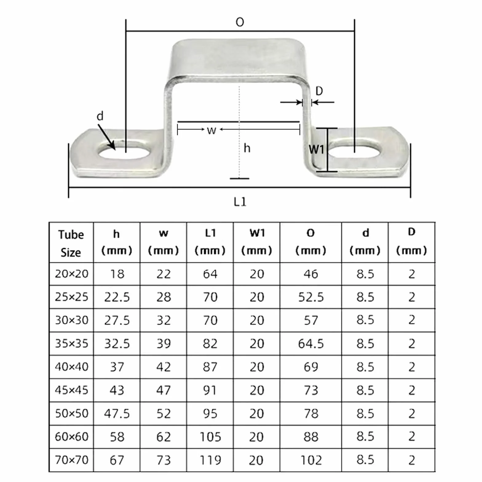 Juego de 6 abrazaderas cuadradas de acero inoxidable 304 en forma de U - 40 x 40 mm