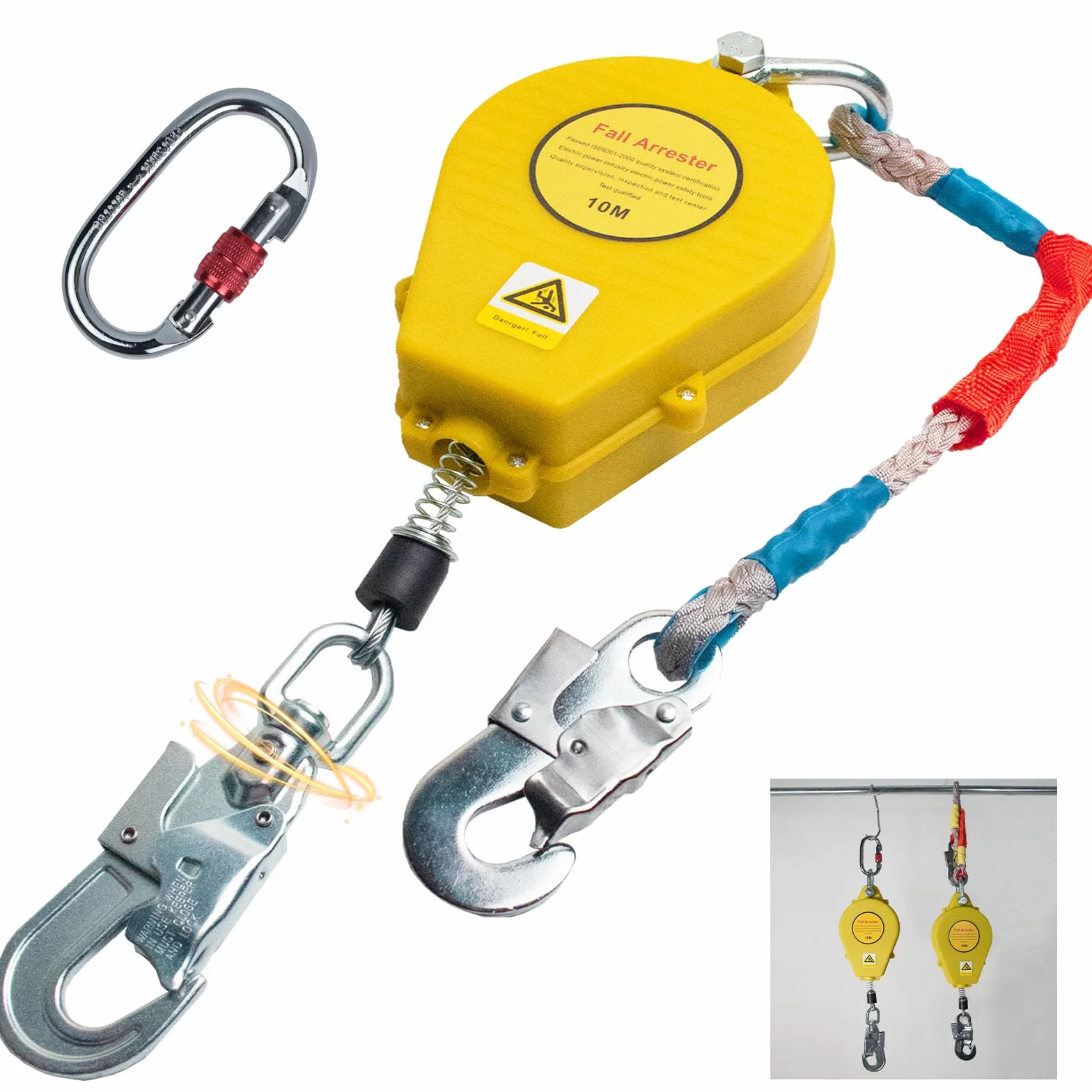 Dispositivo Anticaidas Retráctil Seguridad, Linea de Vida Retractil Homologado 10m/15m/20m, 150 kg Arnés de Seguridad Anticaídas Retráctil Trabajo en Tejados/ Altura(Amarillo,20 Metros)