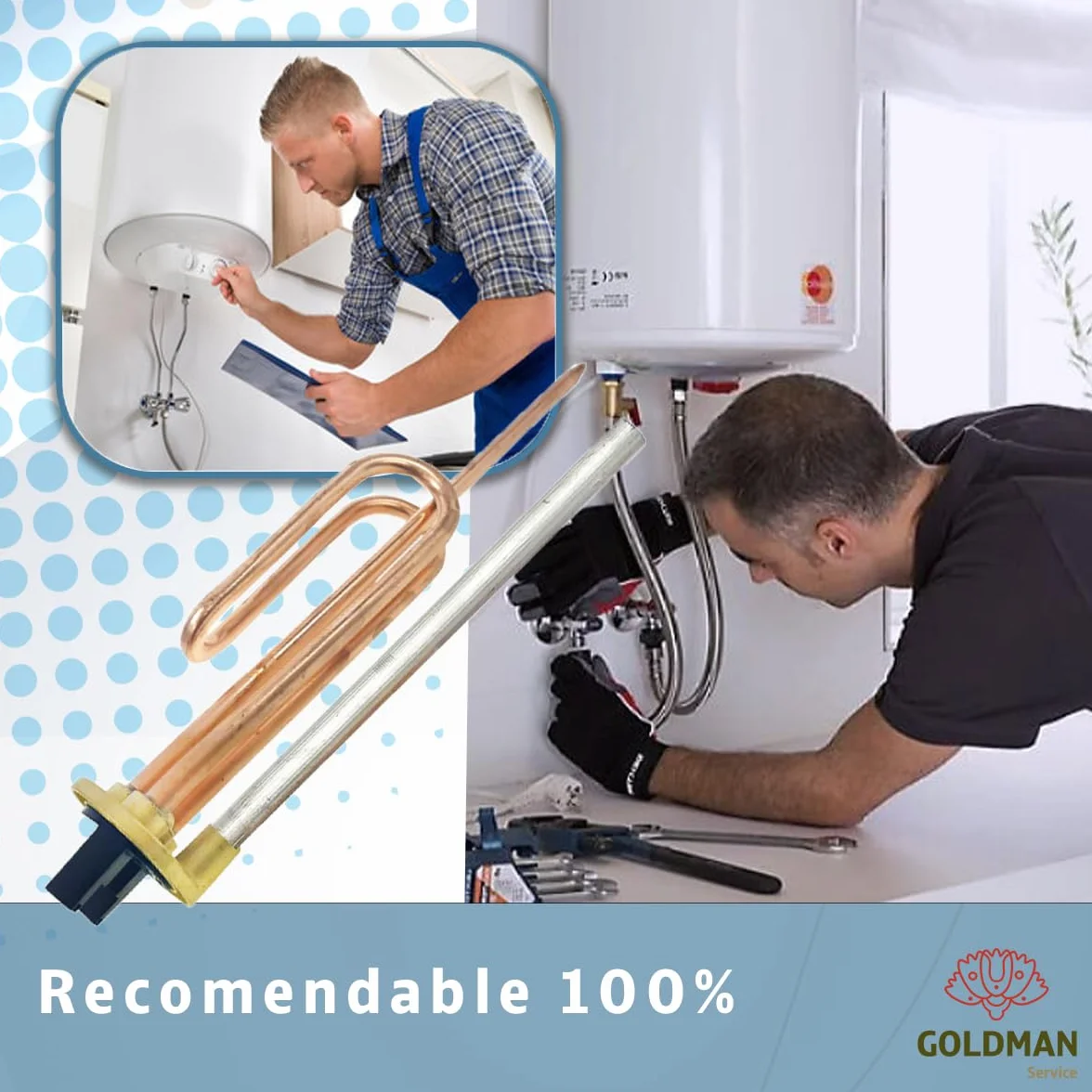 GOLDMAN SERVICE Kit de Recambio Calentador de Agua Eléctrico: Resistencia Curva, Ánodo de Magnesio, Junta de Goma y Tornillo de Fijación. Compatible con Termos Eléctricos de Grandes Marcas (2000 W)