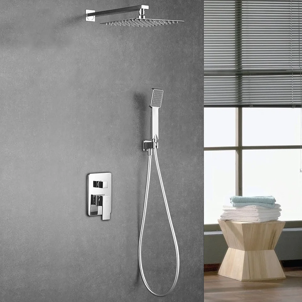 Kibath 466351 Grifo monomando empotrar CAS salida pared. Acabado cuadrado cromo brillo. Incluye soporte con toma agua, flexo PVC plateado, brazo ducha y rociador extraplano, 1