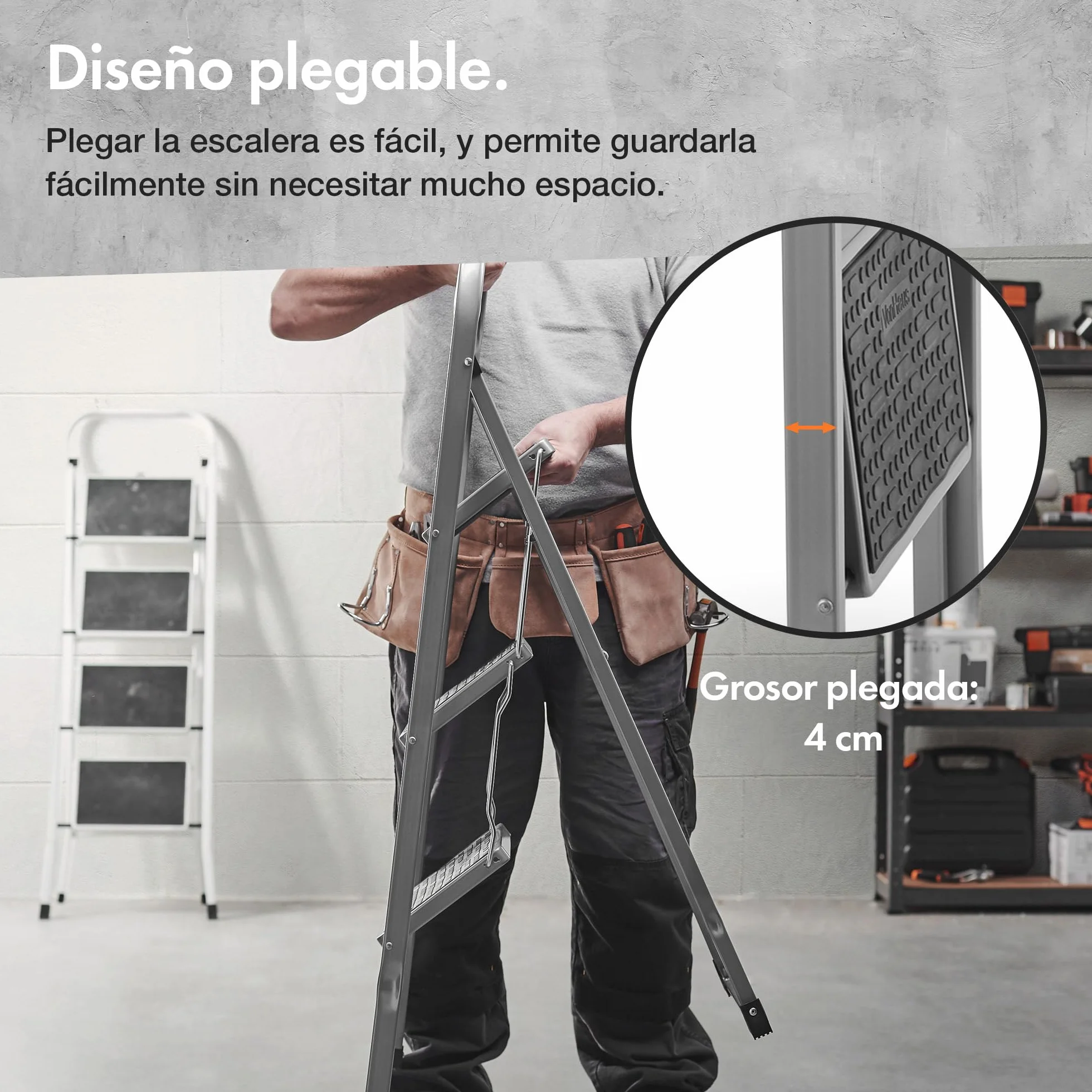 VonHaus Escalera Plegable de 3 Peldaños – Escalera de Tijera Antideslizante y Fácil de Guardar - Soporta hasta 150 Kg - Escalera Articulada Premium para Bricolaje y Jardinería – Acero Duradero