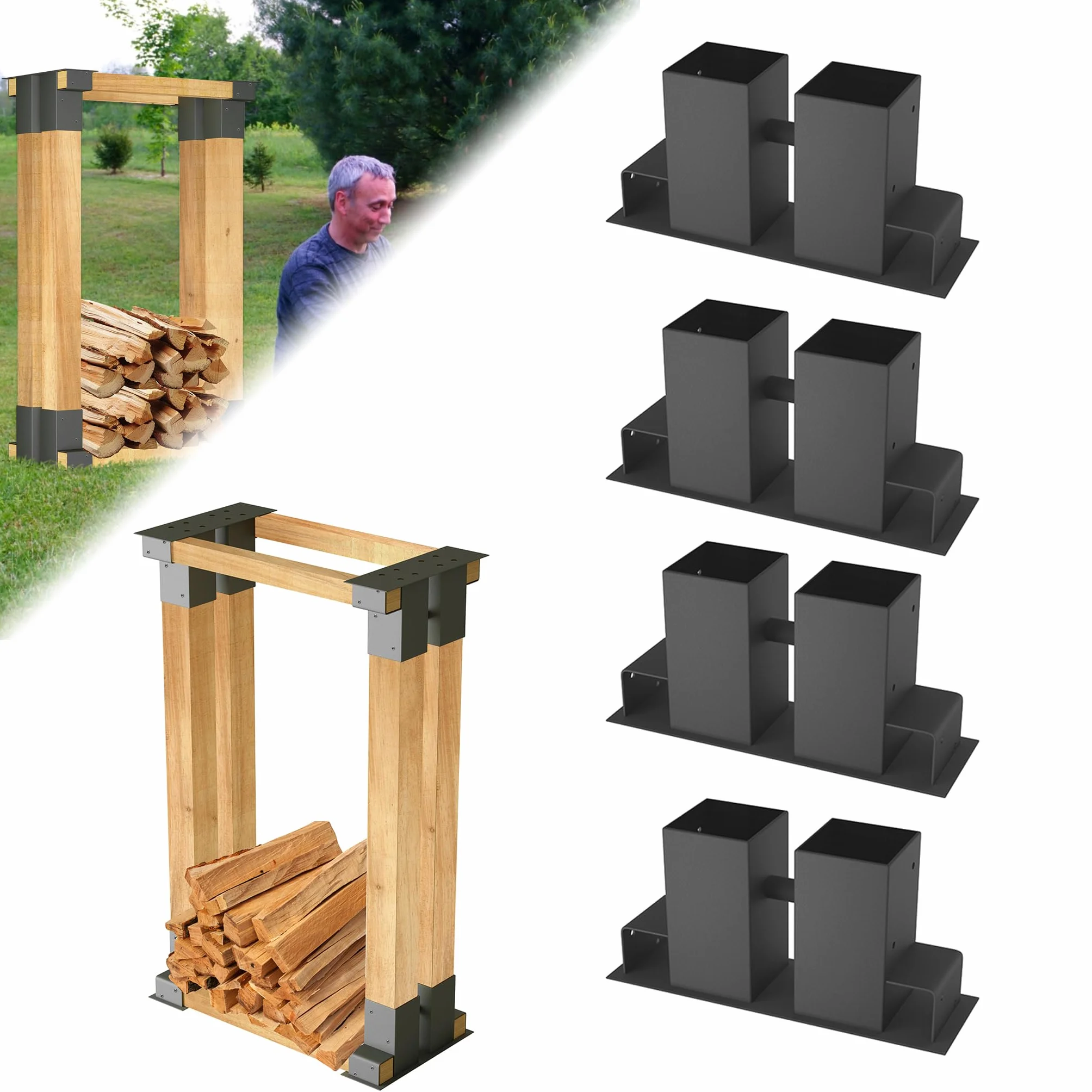 ACXIN Apilamiento de madera, 4 unidades, estable, ayuda para apilar leña, soporte para apilamiento de madera, soporte de metal, soporte para leña de chimenea, para interior y exterior