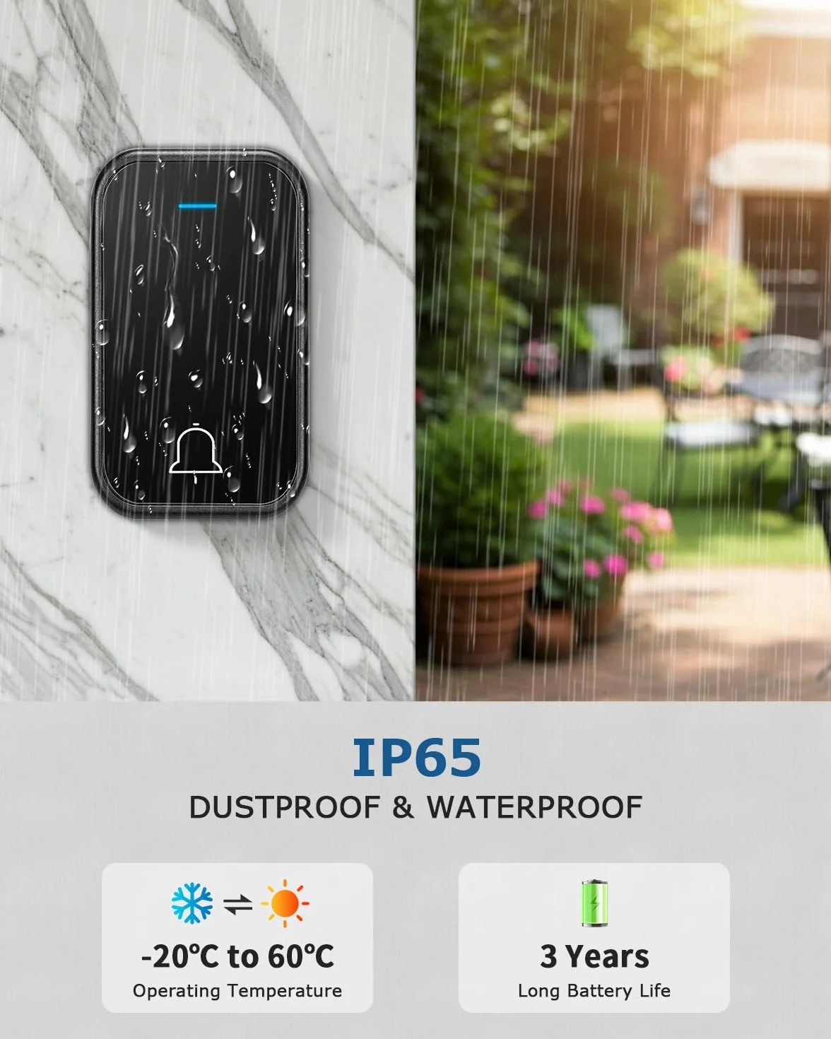 Timbre Inalámbrico Exterior Impermeable Largo Alcance, Wireless Door Bell 400 m LED 4 Niveles Volumen 63 Melodías 2 Receptores 1 Transmisor