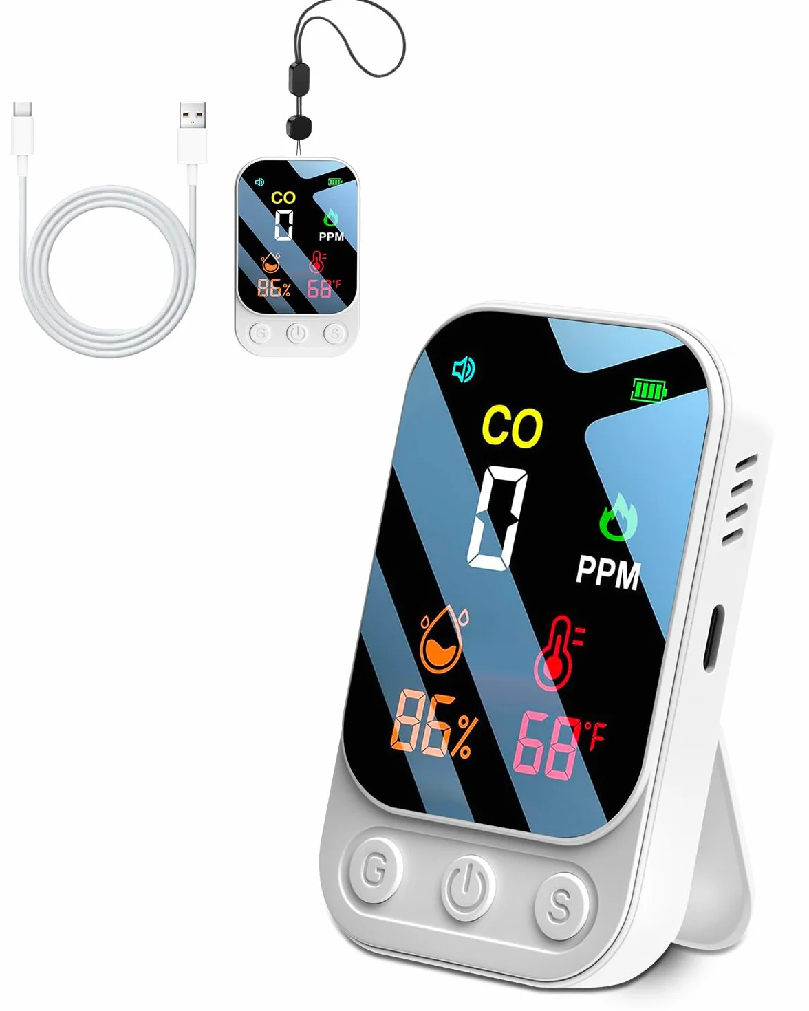 3 en 1 Detector Monóxido de Carbono Alarma De Monóxido Co Portable Carbon Monoxide Detector con Temperatura Humedad Alarma Audible y Visual para Viajes en Casa Camping Autocaravana
