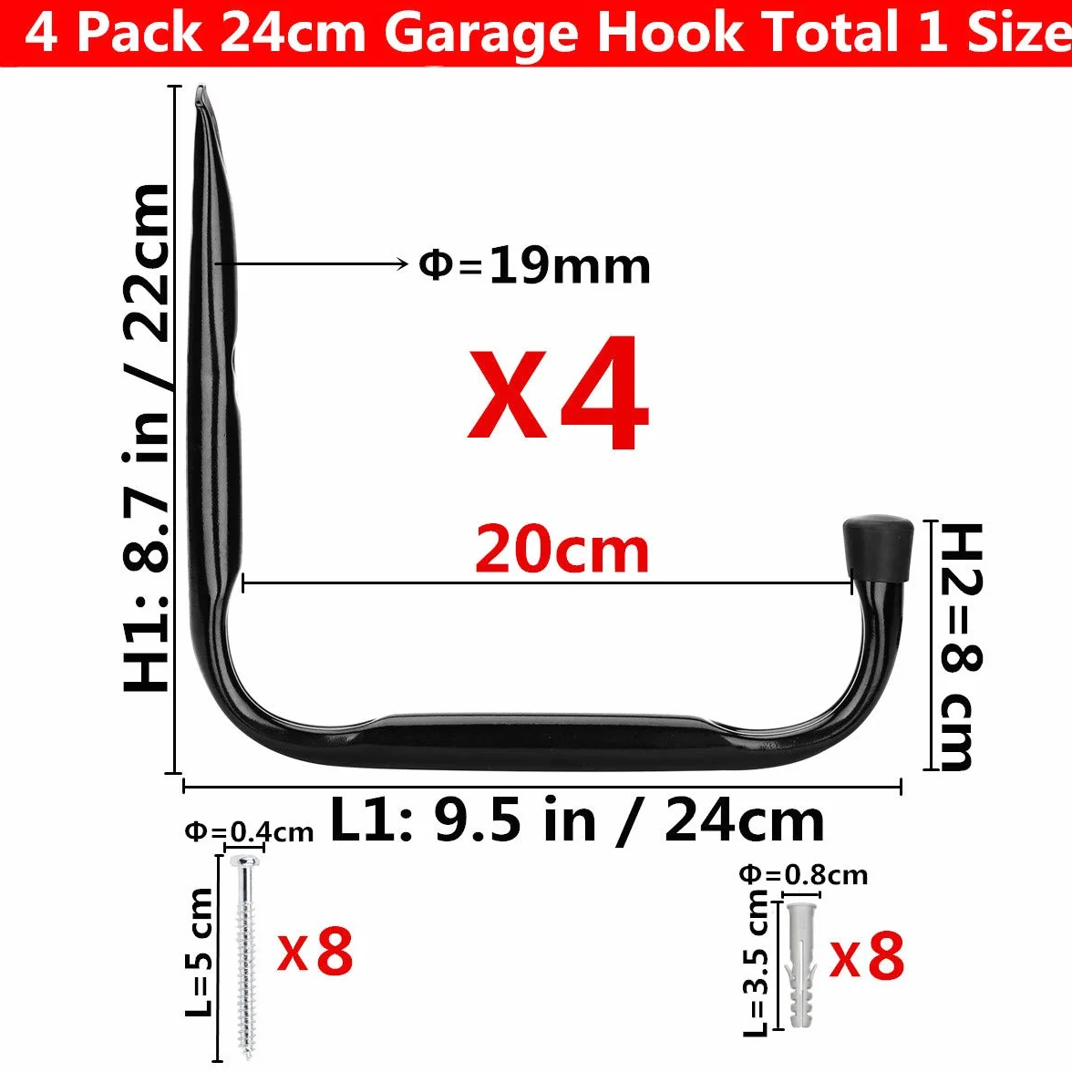 Ganchos para almacenamiento de garaje, 24 cm Bastidor utilitario de brazo jumbo, para herramientas de jardín, tablas de surf, sillas plegables