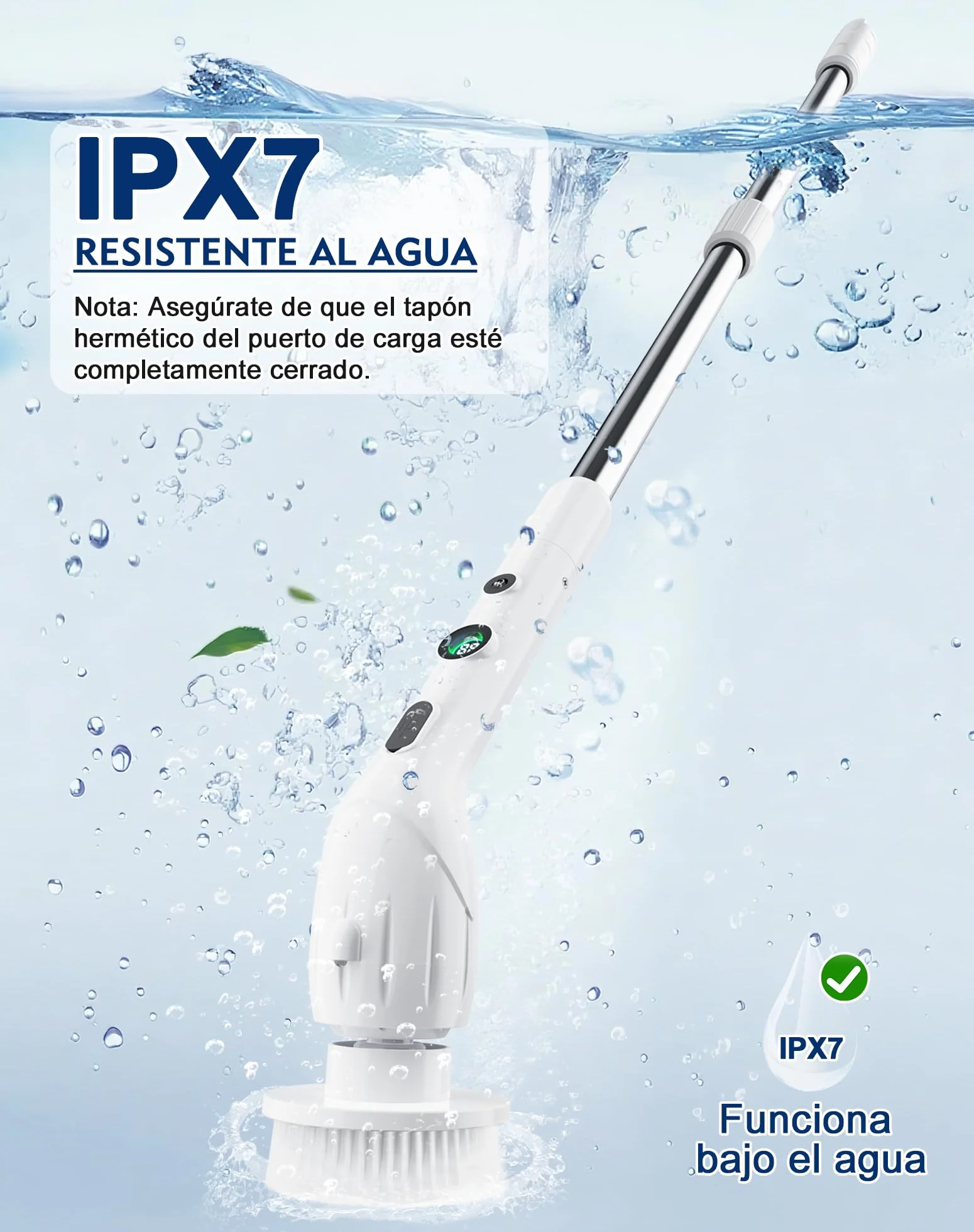 Cepillo Electrico Limpieza Hogar con 2 Velocidades, 4 Cabezales, 2500 mAh Batería, Impermeabilidad IPX7, Mango Ajustable, USB Recargable Cepillo Limpieza Eléctrico para Baño, Cocina, Suelos