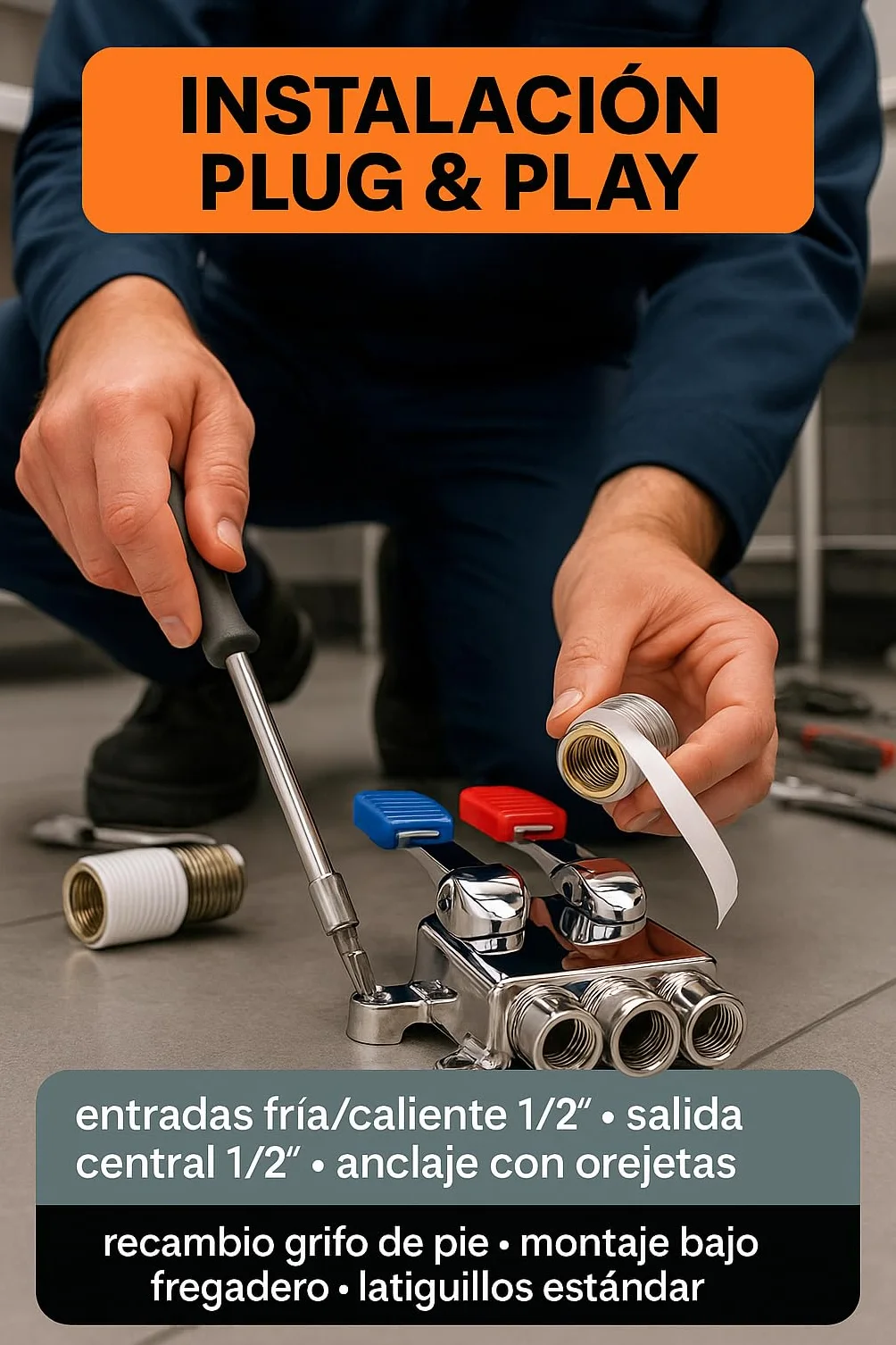 RO Linea Blanca Grifo Pedal Doble Mezclador Para Fregadero Acero Inoxidable Agua Fria Y Caliente Montaje En Suelo