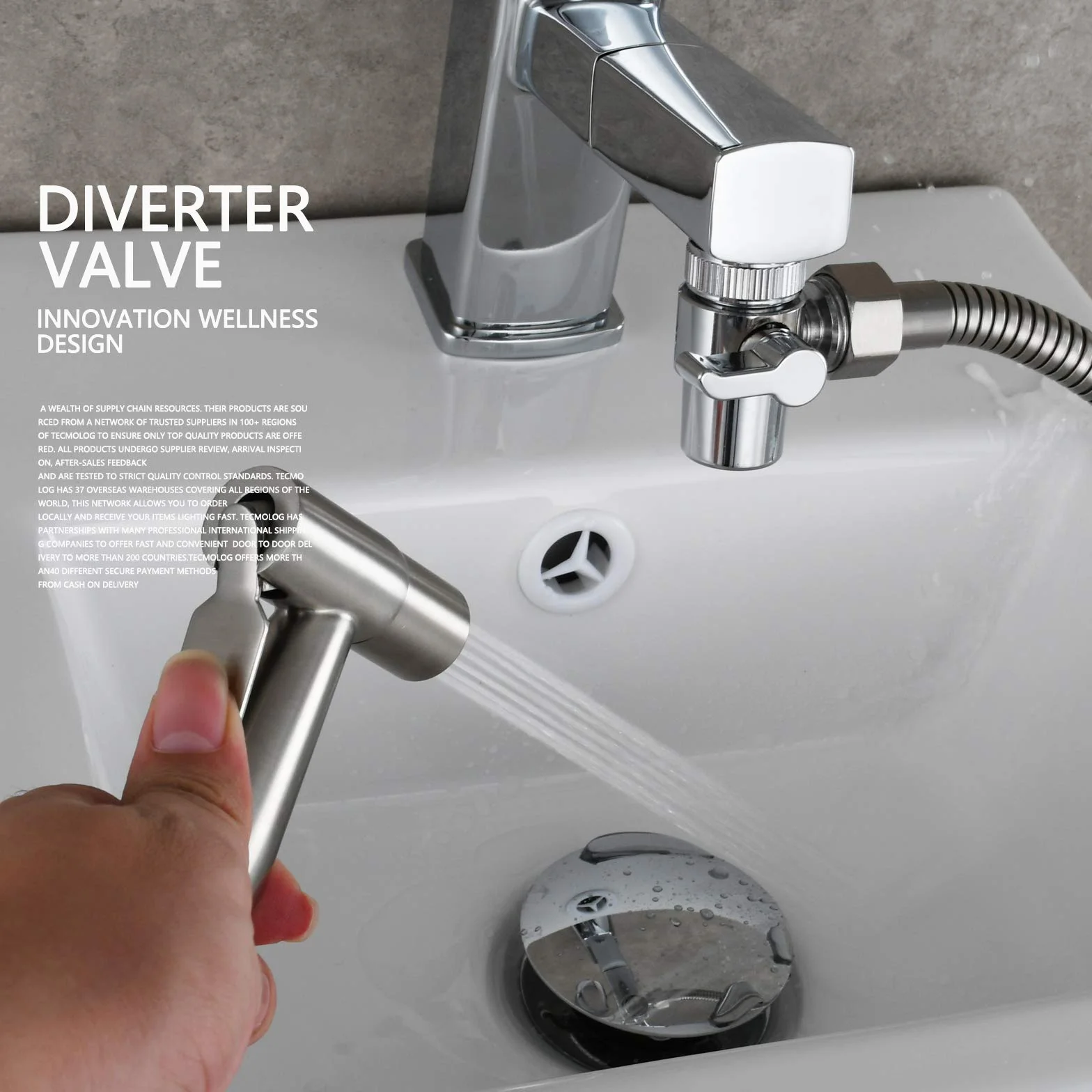 Tecmolog Kit Ducha de Lavabo Acero Inoxidable Ducha Bidet Portatil para WC Mano Grifos de Bidé Shattaf con Soporte Ducha, Valvula Desviadora y Manguera Ducha 2m, WS024F7