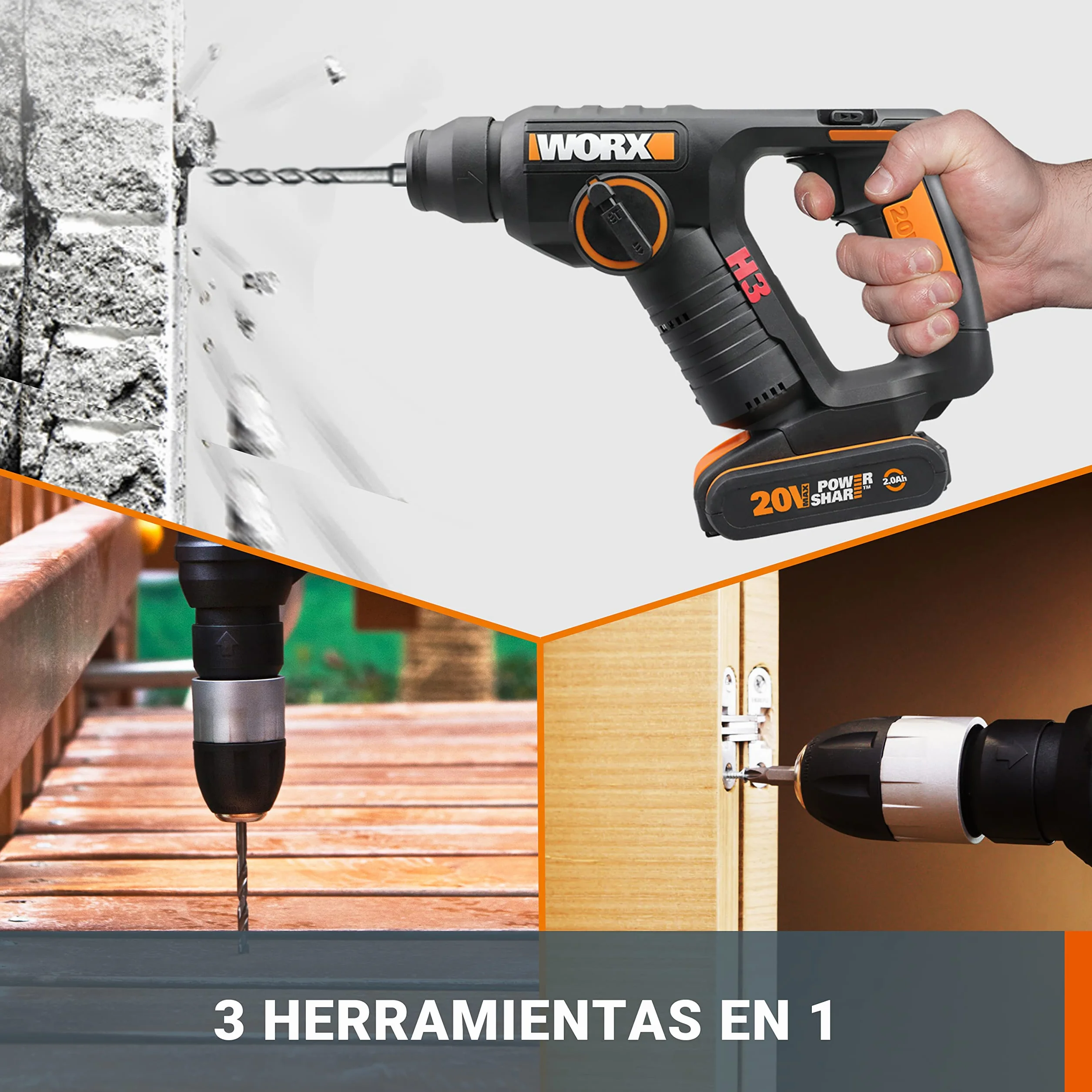 WORX WX394.6 H3 | Martillo sds-plus 20V | Función de taladro | Incluye 2 baterías de 2Ah, cargador y maletín | 3 Funciones | Ligero y compacto | Ideal para taladros en el techo