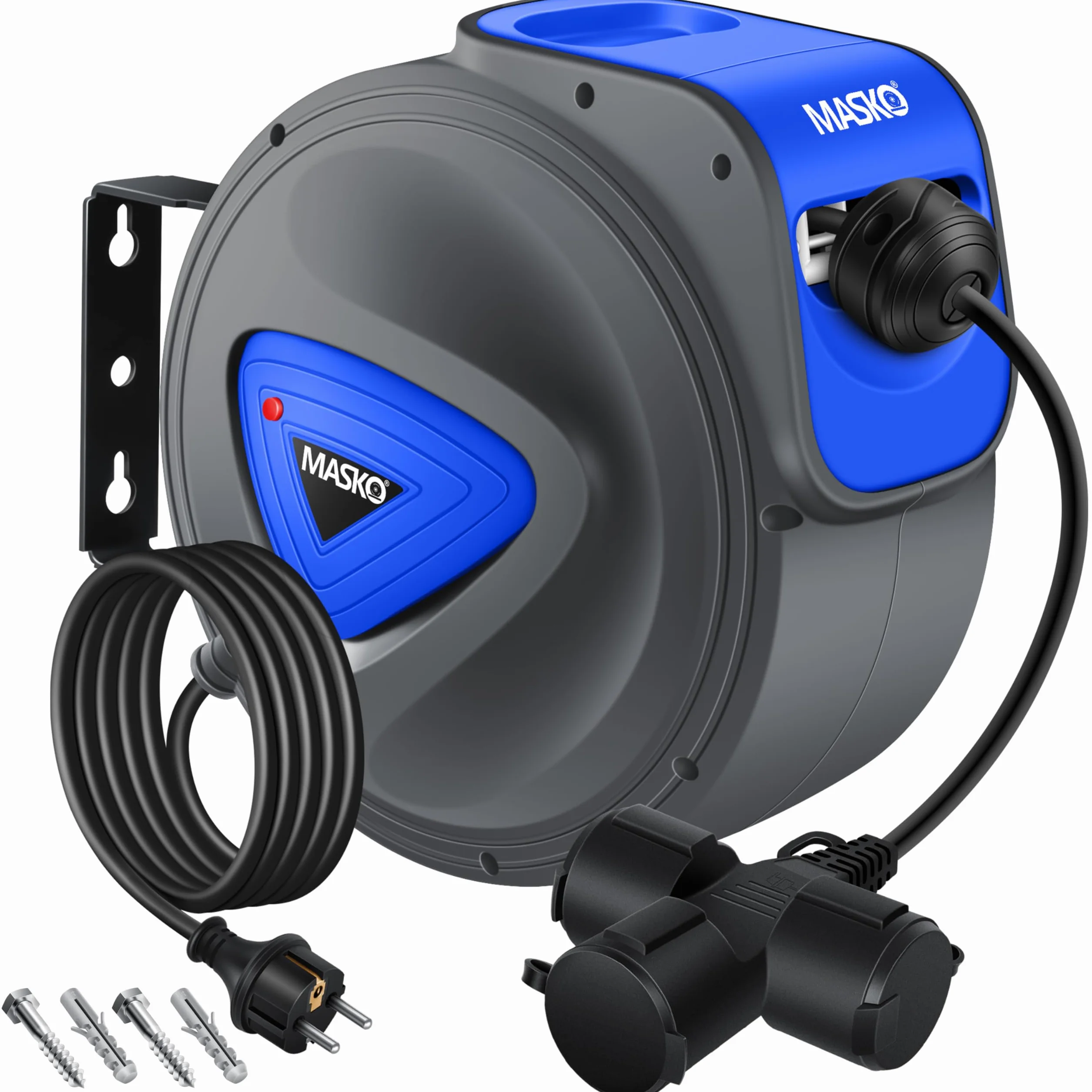 MASKO® Cable alargador automático de 20 m con conexión de 3 vías, giratorio 180°, cable de alimentación de 1,5 m, soporte de pared, enrollador de cables, enrollador de cables, incluye guantes