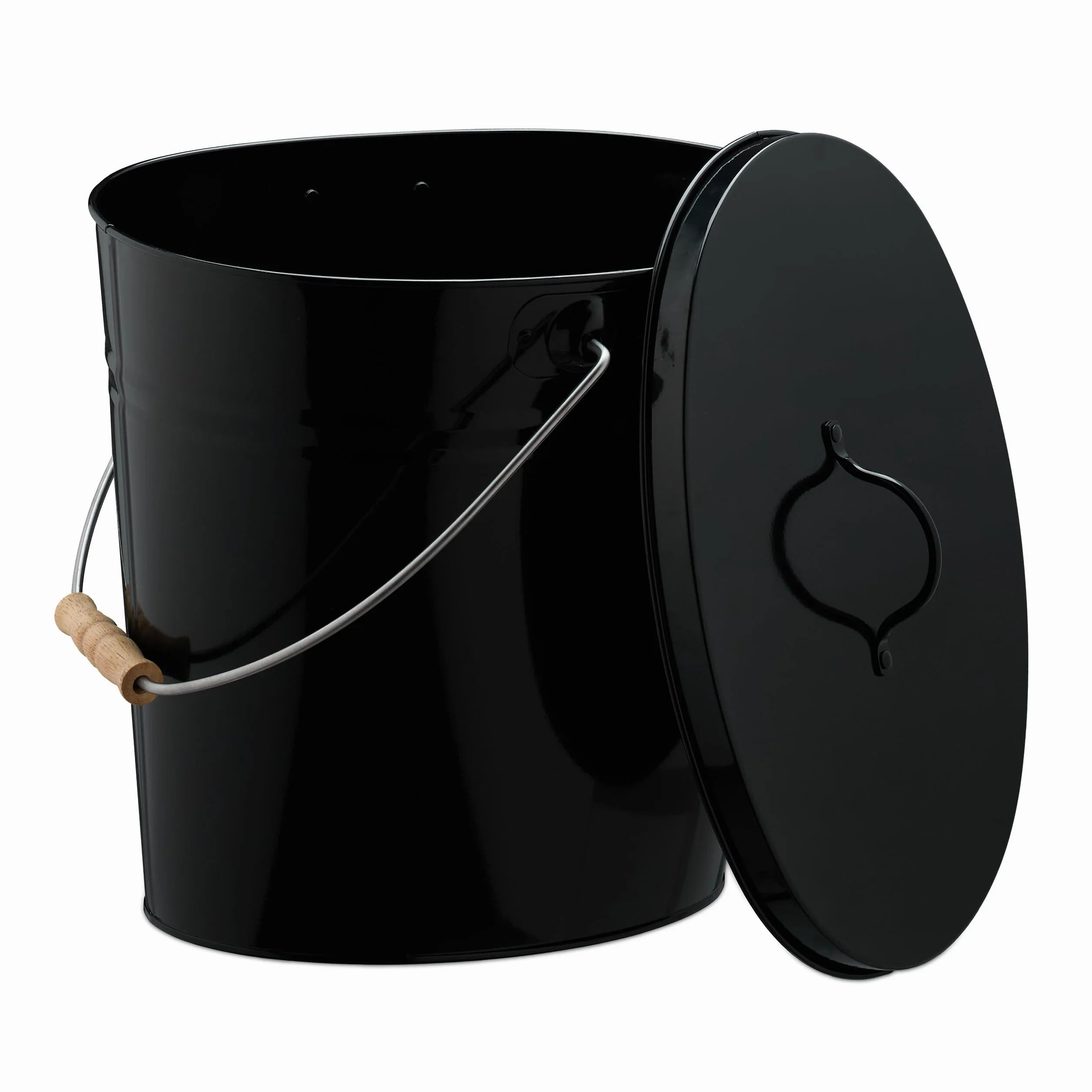 Relaxdays Cubo para Cenizas con Tapa, 12 L, Accesorio Chimenea, Estufa, Asa Madera, Almacenar Carbón, Acero, Negro