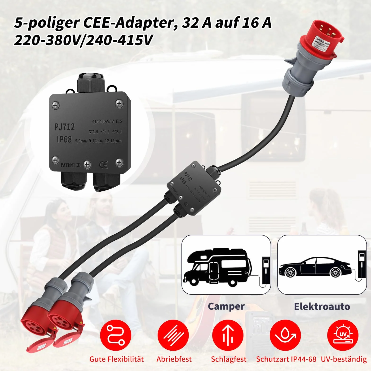 Adaptador CEE de alta tensión de 32 A a 16 A, 2 enchufes CEE de 230 V, 16 A y 5 polos, cable alargador IP44-68, distribuidor alta tensión para camping, exteriores, industria, obras y talleres - 1,5 m