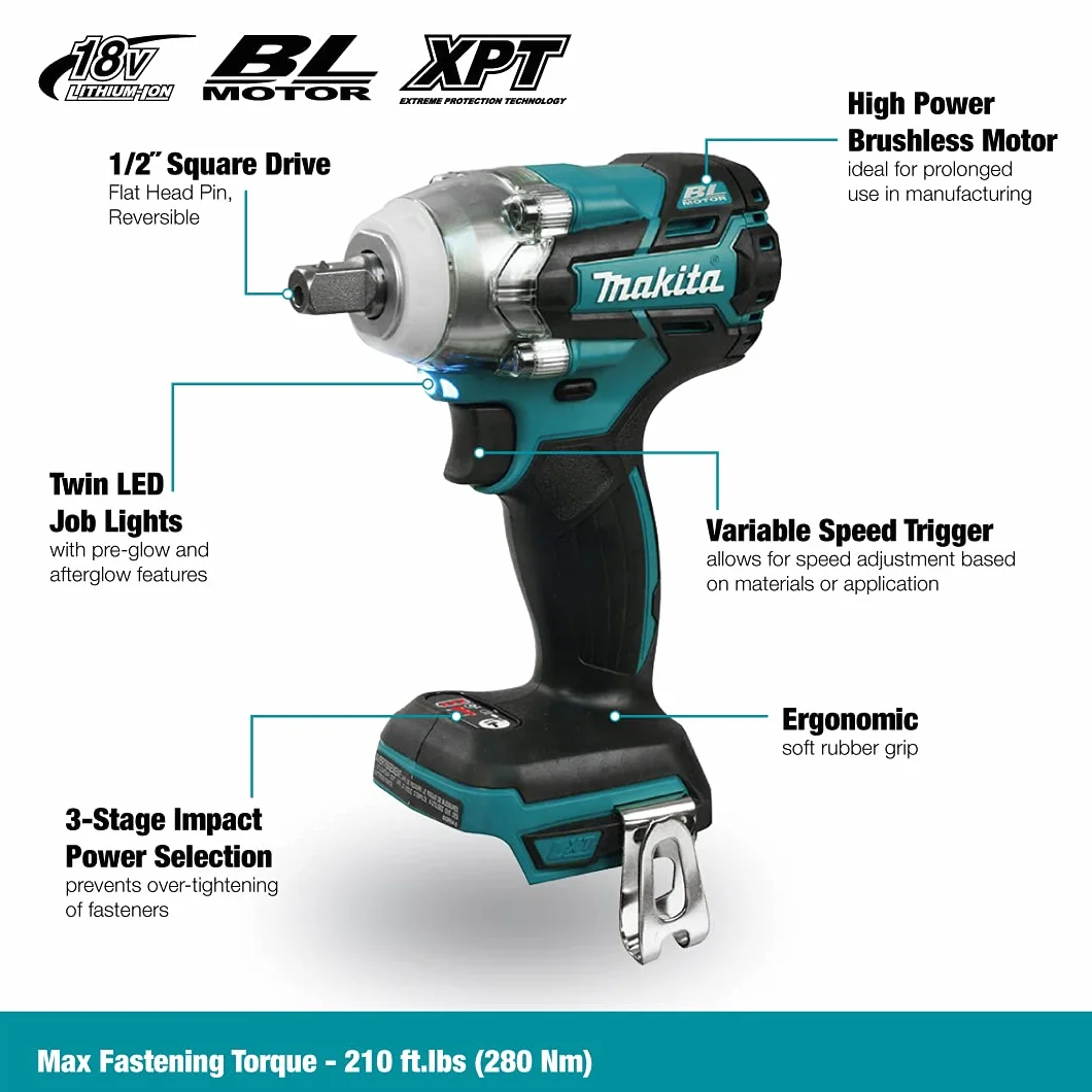 Makita DTW285Z 2800RPM 18V Ión de litio Azul - Atornillador de impacto (18 V, Ión de litio, 79 mm, 147 mm, 249 mm, 1,7 kg)