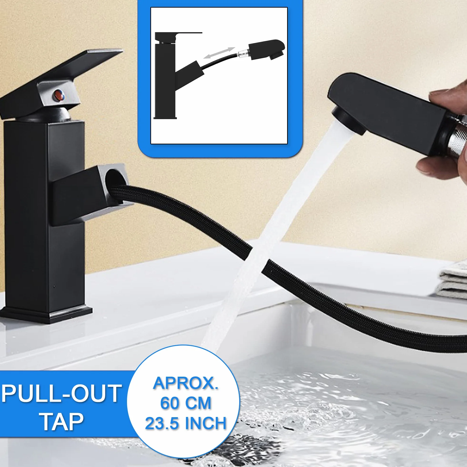 Grifo lavabo negro extraible extensible acero inoxidable monomando agua fria y caliente 2 mangueras incluidas grifo baño negro