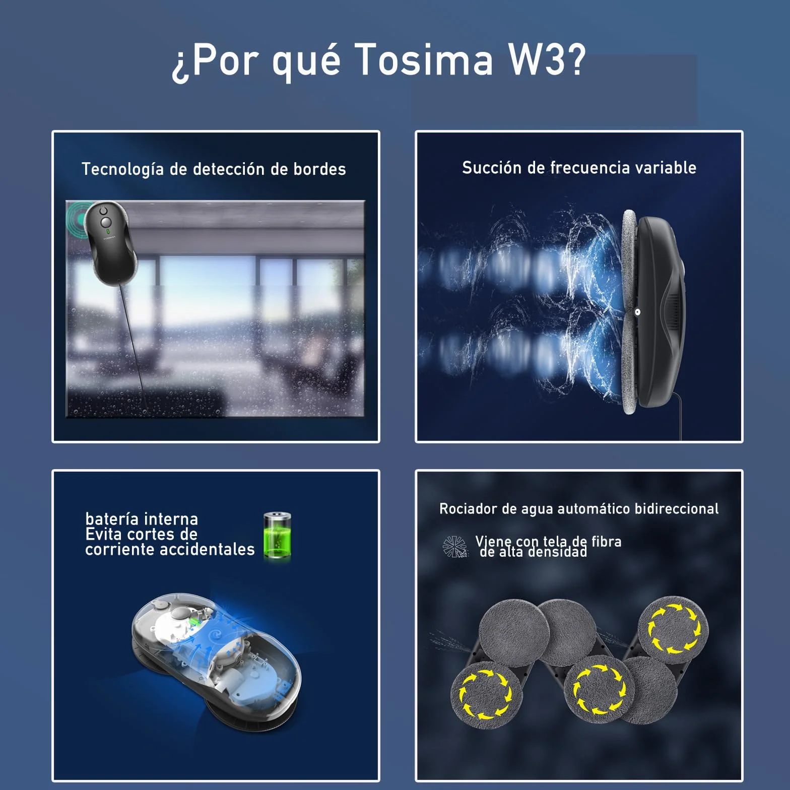 Tosima Robot Limpiacristales, Robot Limpieza de Ventanas Electrico, Sistema de Seguridad, Navegación Inteligente, Control Remoto, para Todas Las Superficies Lisas, con 12 Trapo (W3, Black)