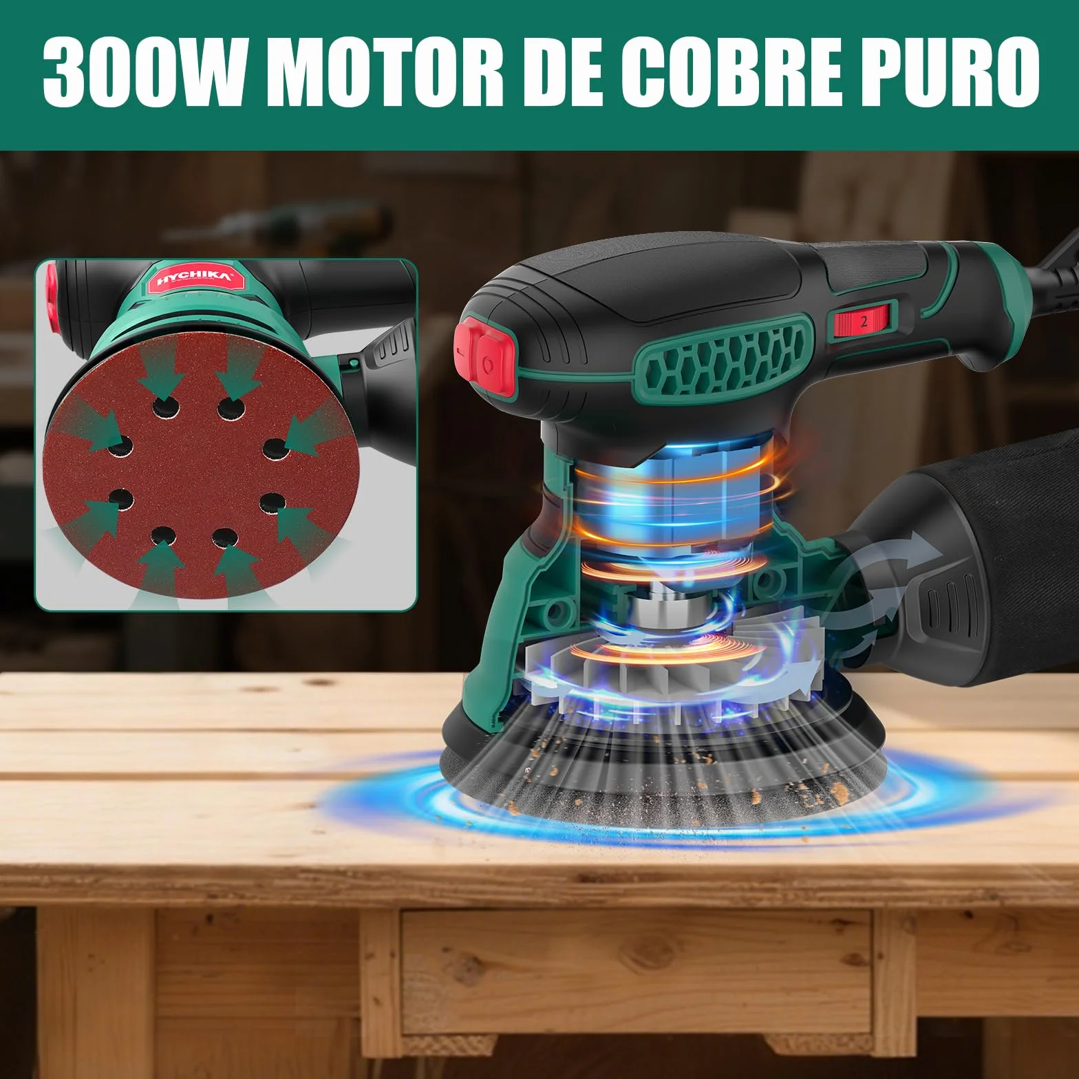 HYCHIKA Lijadora Orbital, 300W 12000OPM Lijadora Madera, 6 Velocidades, con 16 Piezas de Discos de lija 125mm, Con Recogida de Polvo y Efecto de Frenado Rápido, para Lijar y pulir Madera