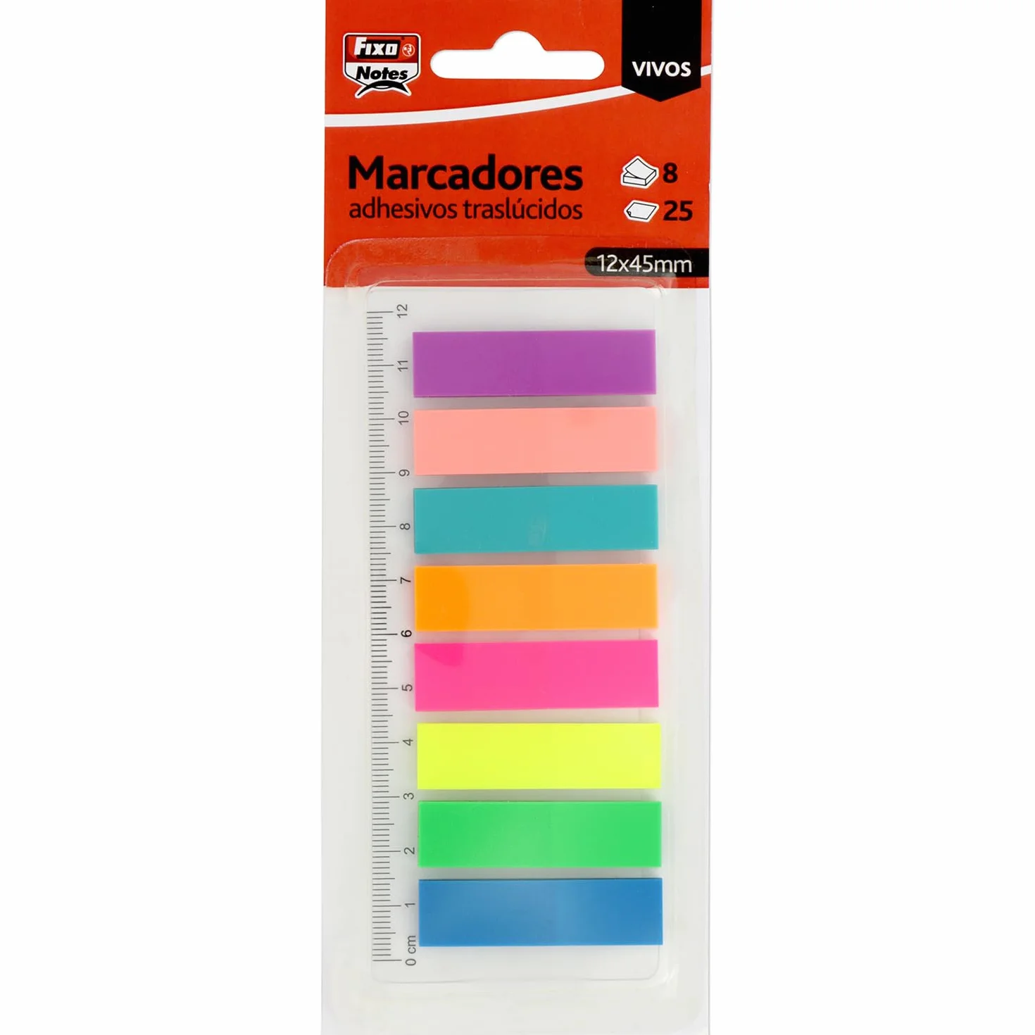 Fixo Notes 200 Marcadores Adhesivos Colores Surtidos con Regla 12cm, PET Traslucido, 12x45mm, Resistentes al Agua