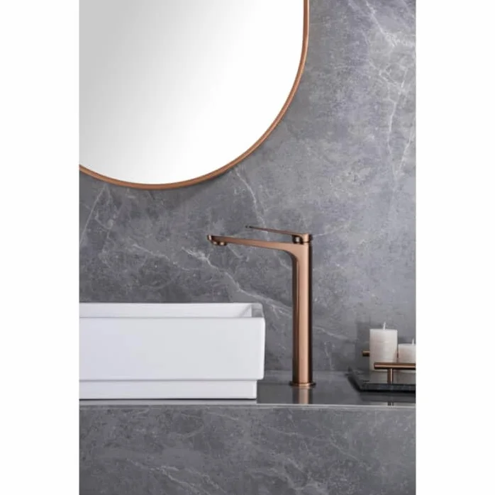 MICE - Grifo monomando con caño alto para lavabo fabricado en latón - grifo de lavabo caño largo apto para Agua frio/caliente - Serie Napoles Oro Rosa Cepillado BDN047-3ORC