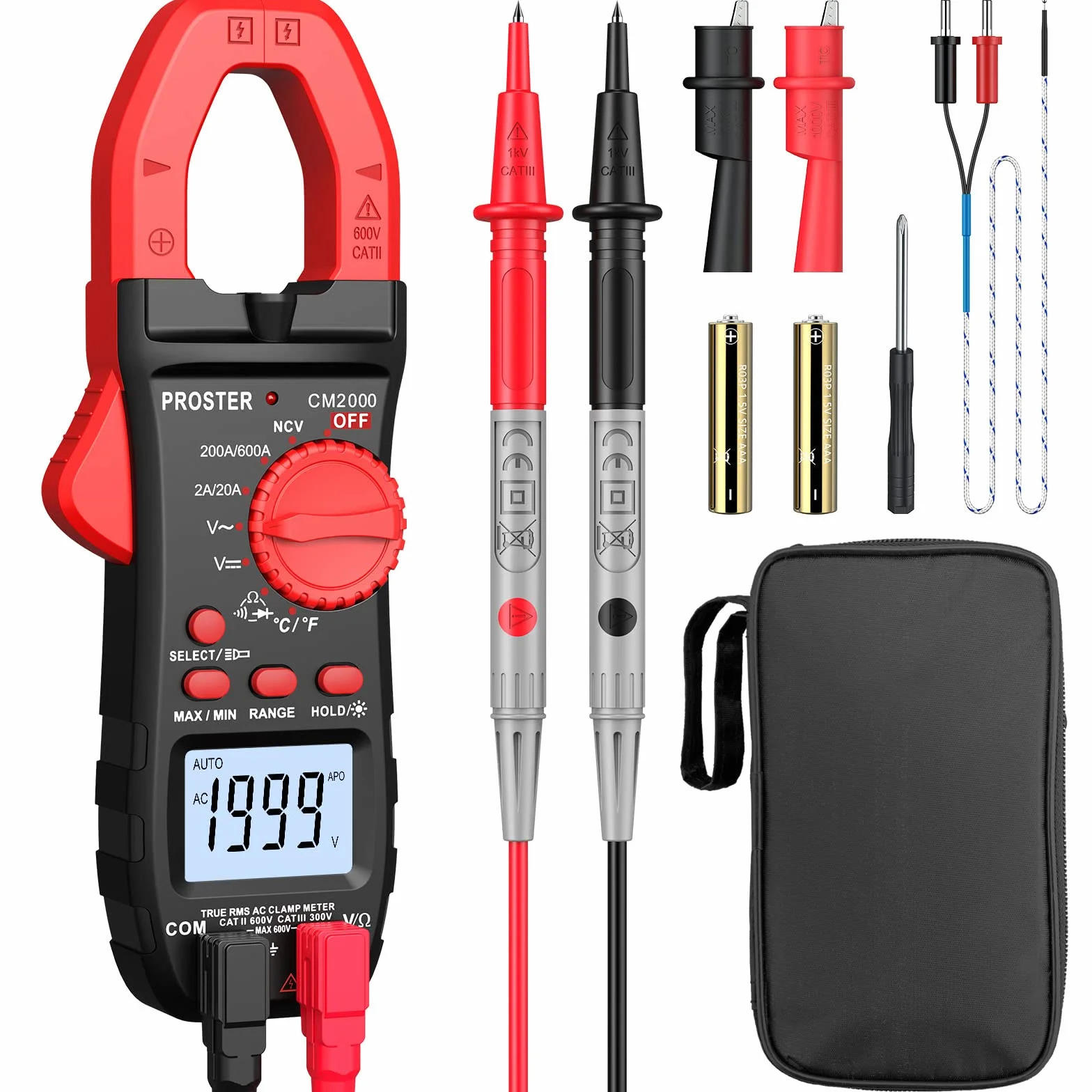 Proster Pinza Amperimétrica 2000 Cuentas 600A TRMS NCV Multímetro Digital Rango Automático con Pantalla Retroiluminada para Voltaje AC DC Corriente AC Diodo Resistencia Continuidad Temperatura