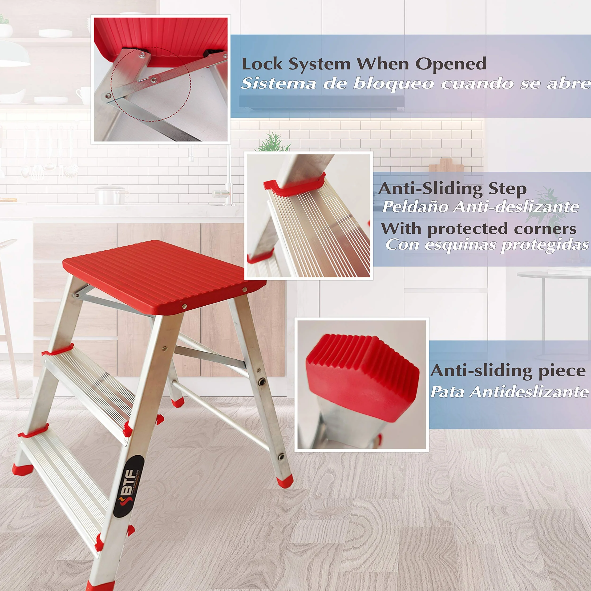 BTF Taburete Escalera de Aluminio 3 Peldaños | Plataforma Antideslizante y Ligero (2,9kg) | Escalera Doméstica Plegable de Seguridad, Carga Máx. 150kg, Certificado EN14183 | Ideal para Cocina y Hogar