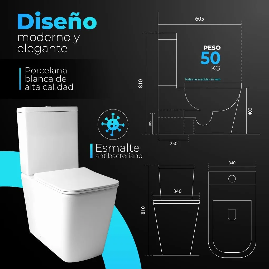 Inodoro De Cerámica, Wc Compacto Sistema Rimless Atibacterias, Tapa Dura Extrafina Amortiguada, Salida Dual