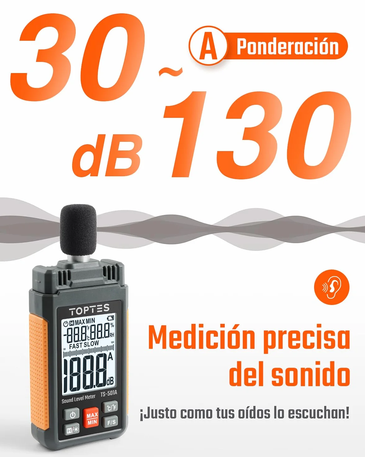 TopTes TS-501A Sonómetro Medidor de Decibelios 30-130 dB LCD 2,25 Pulgadas Naranja