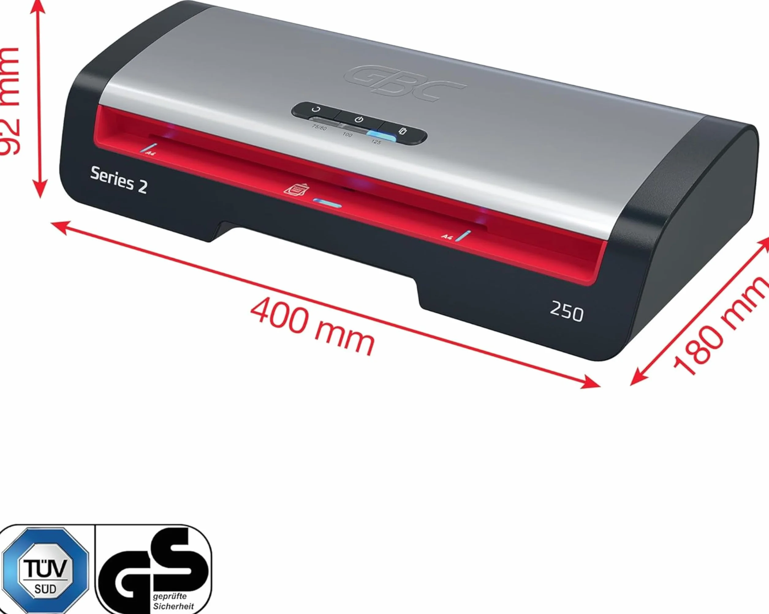 GBC 4410070EU - Plastificadora 250 Office A4, Calentamiento Rápido 1 Minuto, 75-125 Micras, LED de Guía de Entrada, Antiatascos, Apagado Automático, Incluye 5 Fundas de Plastificación A4, Negro/Rojo