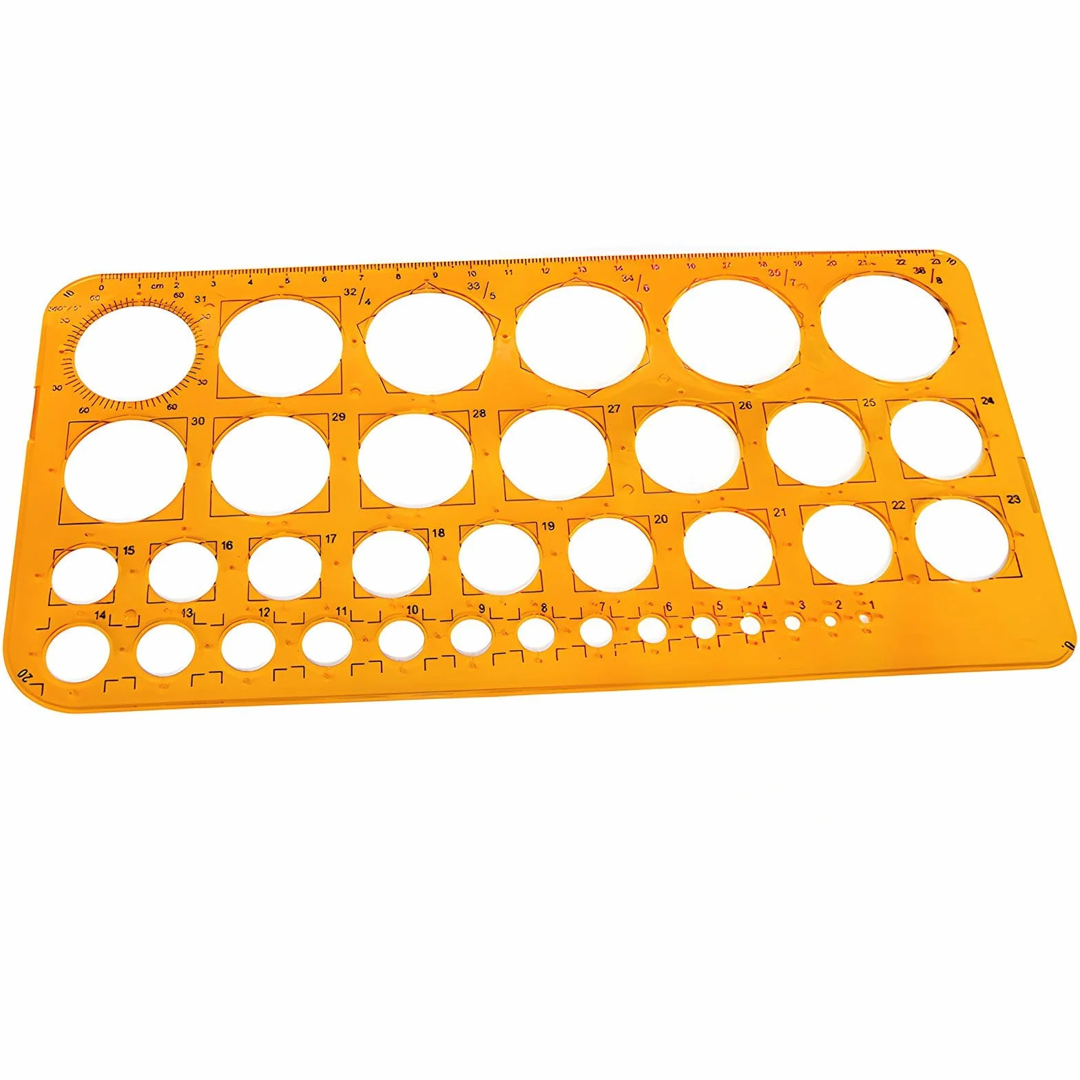 Plantilla de dibujo de 36 círculos, plástico resistente, naranja transparente para dibujo técnico