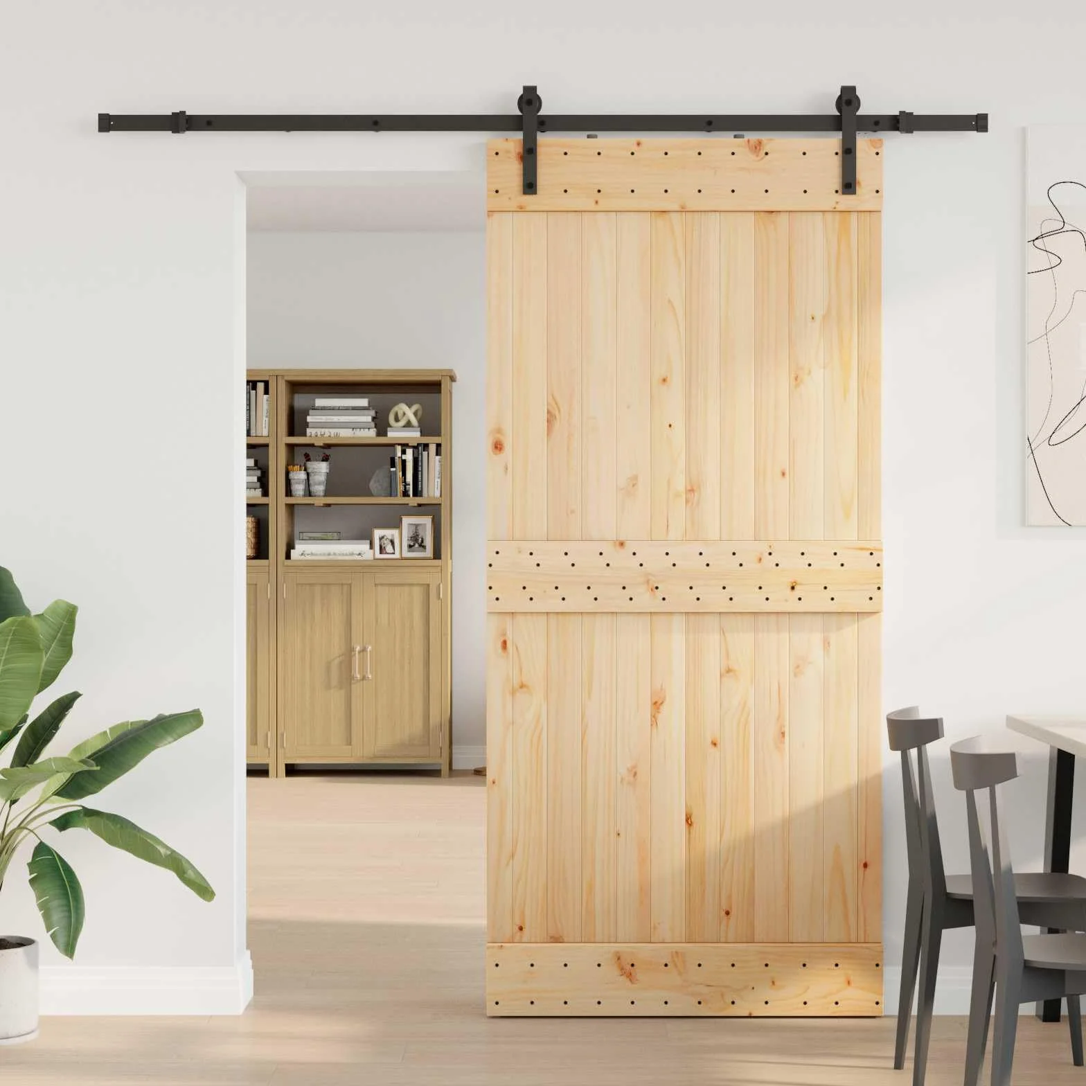 vidaXL Puerta Corredera Narvik Natural y Negro 95 x 210 cm (213,5 cm), Sistema de Almacenamiento eficiente, Hardware Moderno, Puerta de Pino, solución compacta, Deslizante Chic