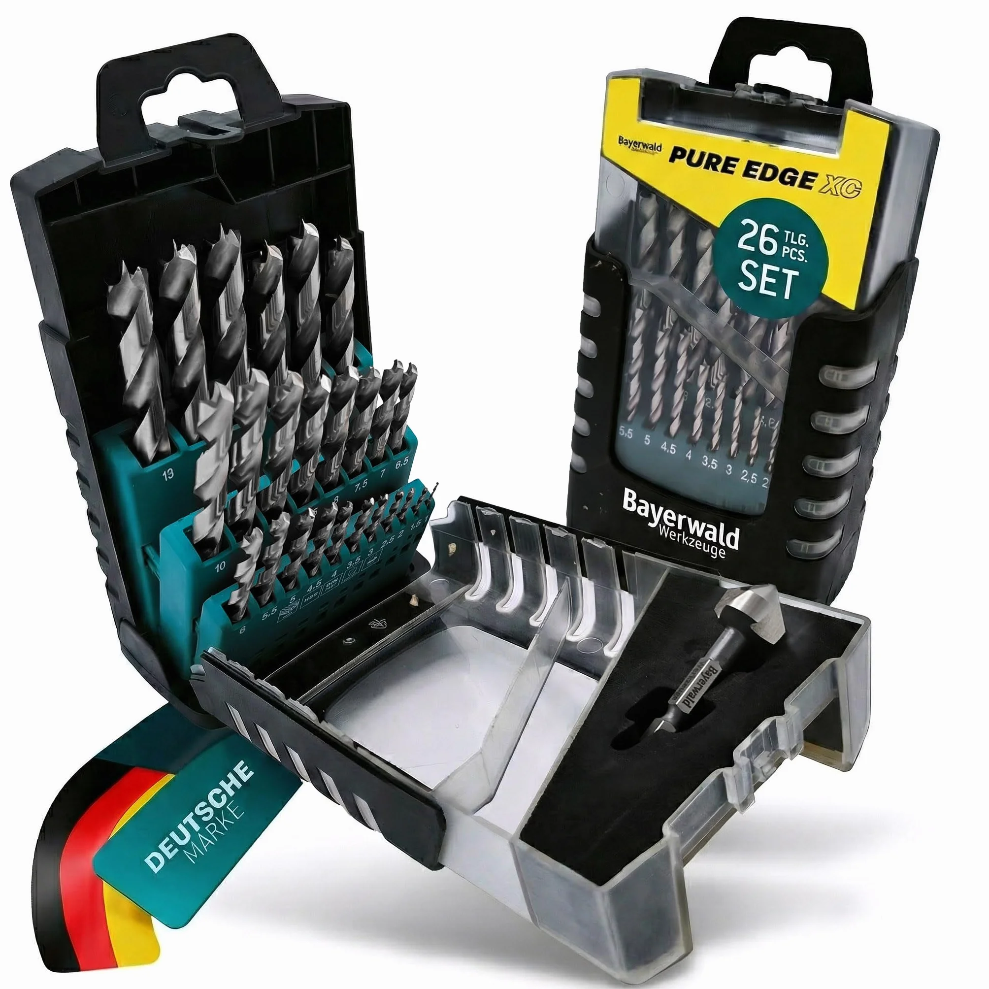 Juego de brocas HSS Pure Edge XC, 26 piezas, 1 – 13 mm Bayerwald Werkzeuge – Xtra Clean con punta de centrado Brad Point & avellanador cónico – Agujeros sin astillas en madera blanda/dura y materiales
