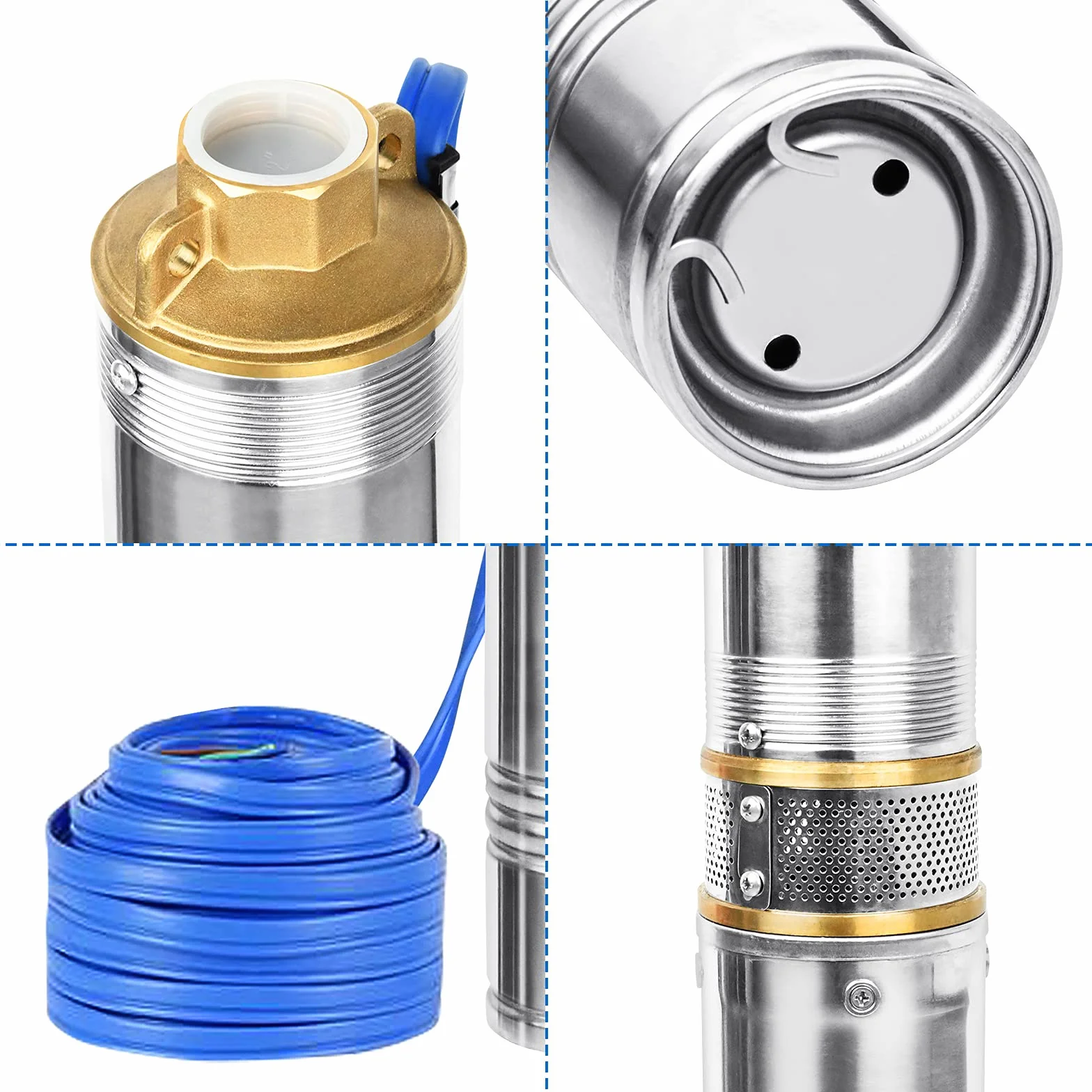 Aufun Bomba de agua sumergible pozo 1100W, Acero inoxidable bomba para pozos con 4000 l/h, altura de extracción de 81 m, resistente a la arena con filtro de suciedad (1.1kW/1.5hp)