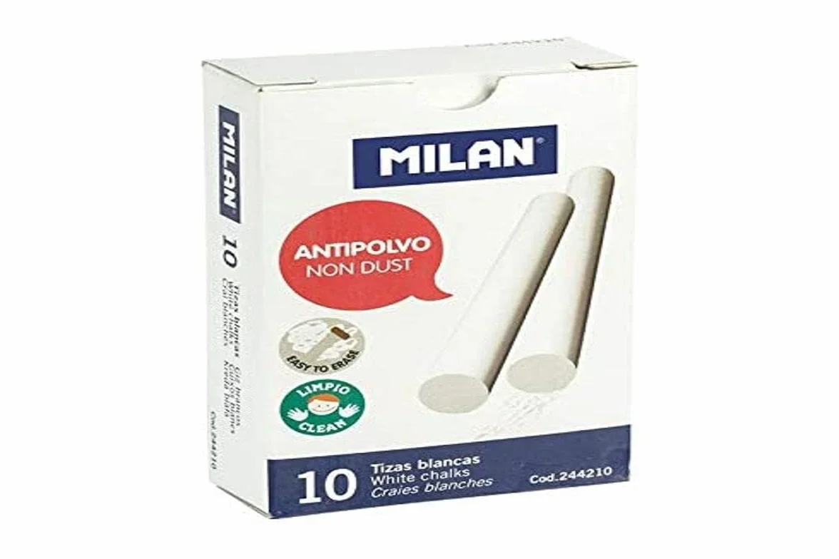 MILAN Caja 10 tizas de carbonato de calcio blancas redondas antipolvo
