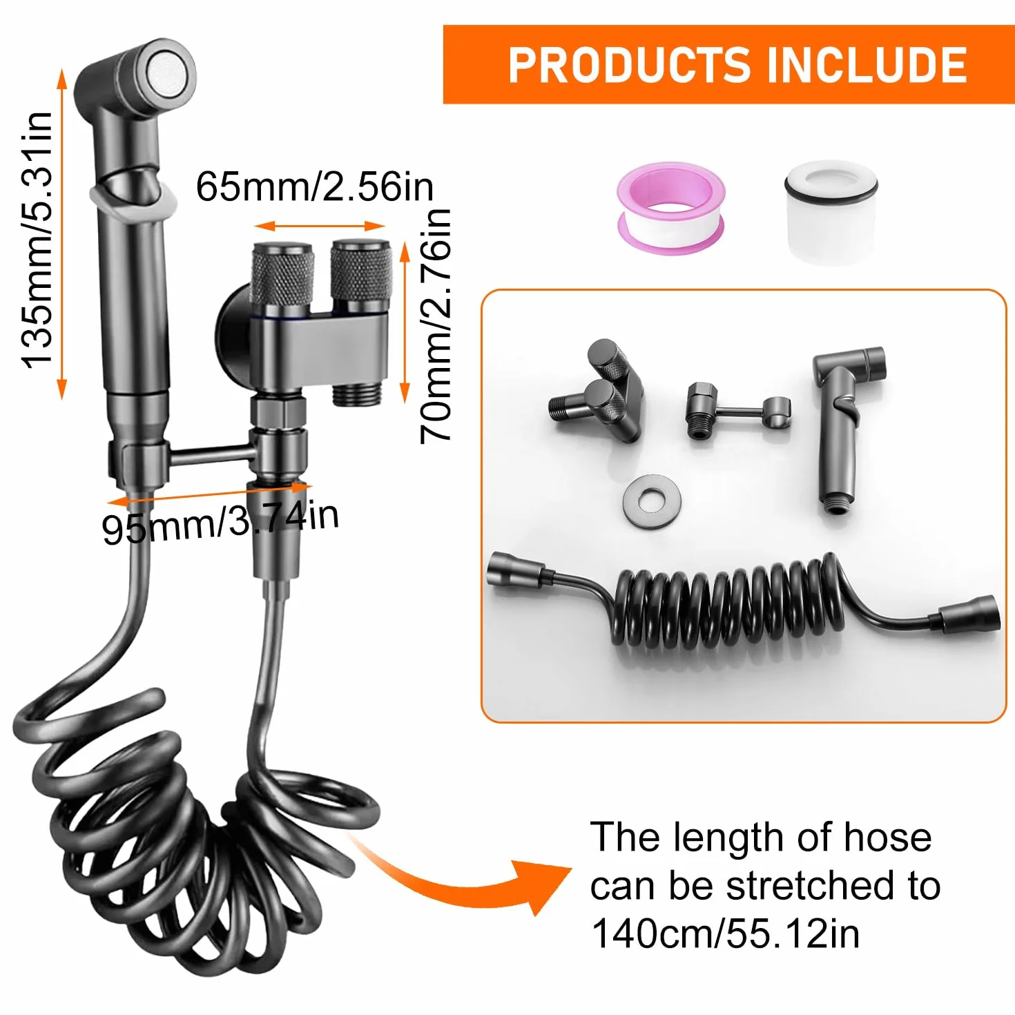 Ducha Higienica para WC, Una Entrada y Dos Salidas, Salidas Dobles e Interruptores Dobles, Soporte Giratorio de 360°, Grifo Water con Manguera de 1,4 m, Adecuado para Baños y Aseos (negro)