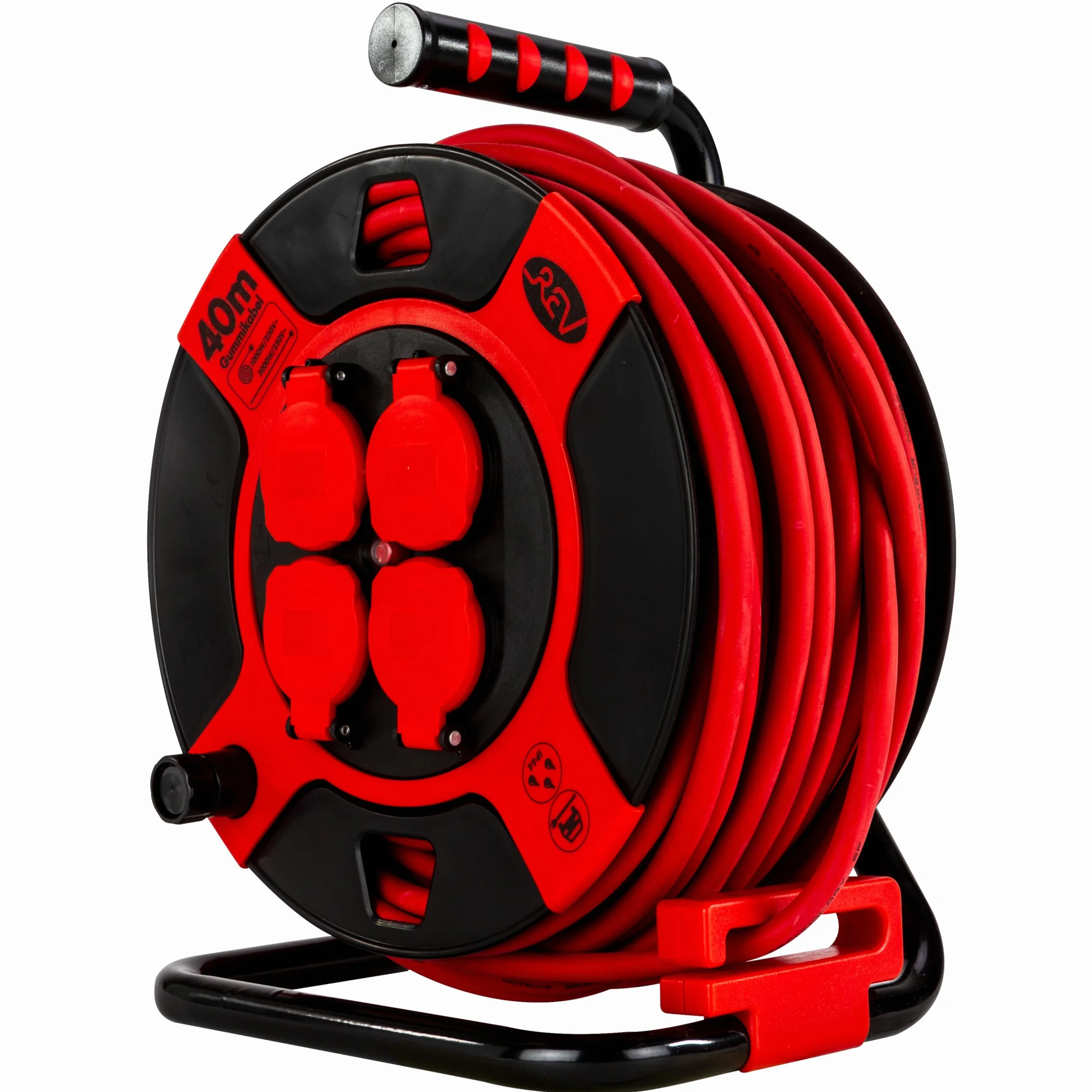 REV Carrete de cable EX, 40 m, H07RN, IP44, 3000 W, cable de extensión, exterior, 4 enchufes, interruptor térmico, rojo | Carcasa robusta | Cable: H07RN – ideal para exteriores